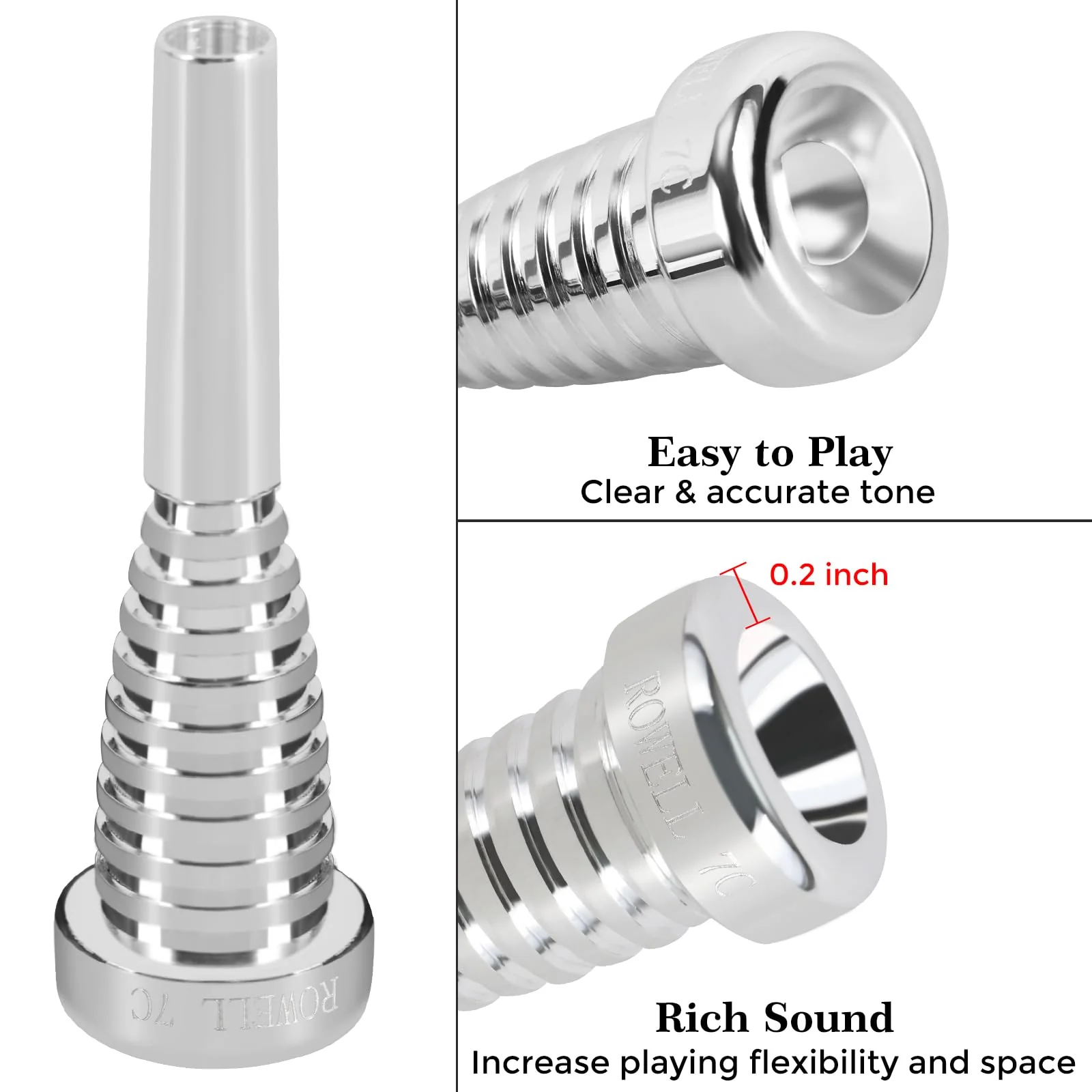 ROWELL Trumpet Mouthpiece 7C Trumpet Mouthpiece Bass Trumpet Mouthpieces Silver Plated Trumpet Mouthpiece for Beginners and Professional Players Band Jazz Mouthpiece Trumpet Accessories - Image 3