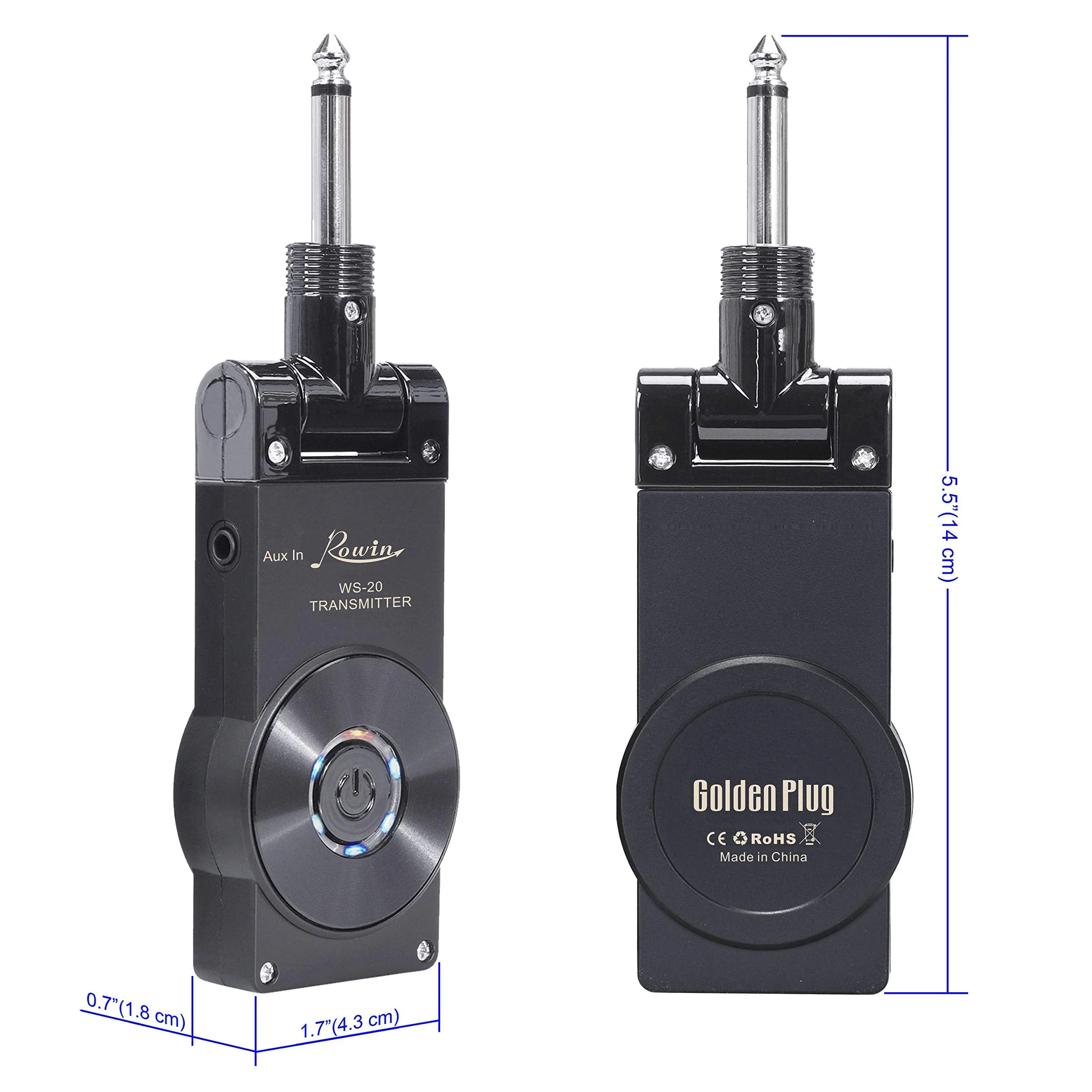 Rowin 2.4G Guitar Wireless System Transmitter Receiver for Electric Guitar Bass Violin with Rechargable Battery, USB Cable (Full Black) Full Black - Image 6