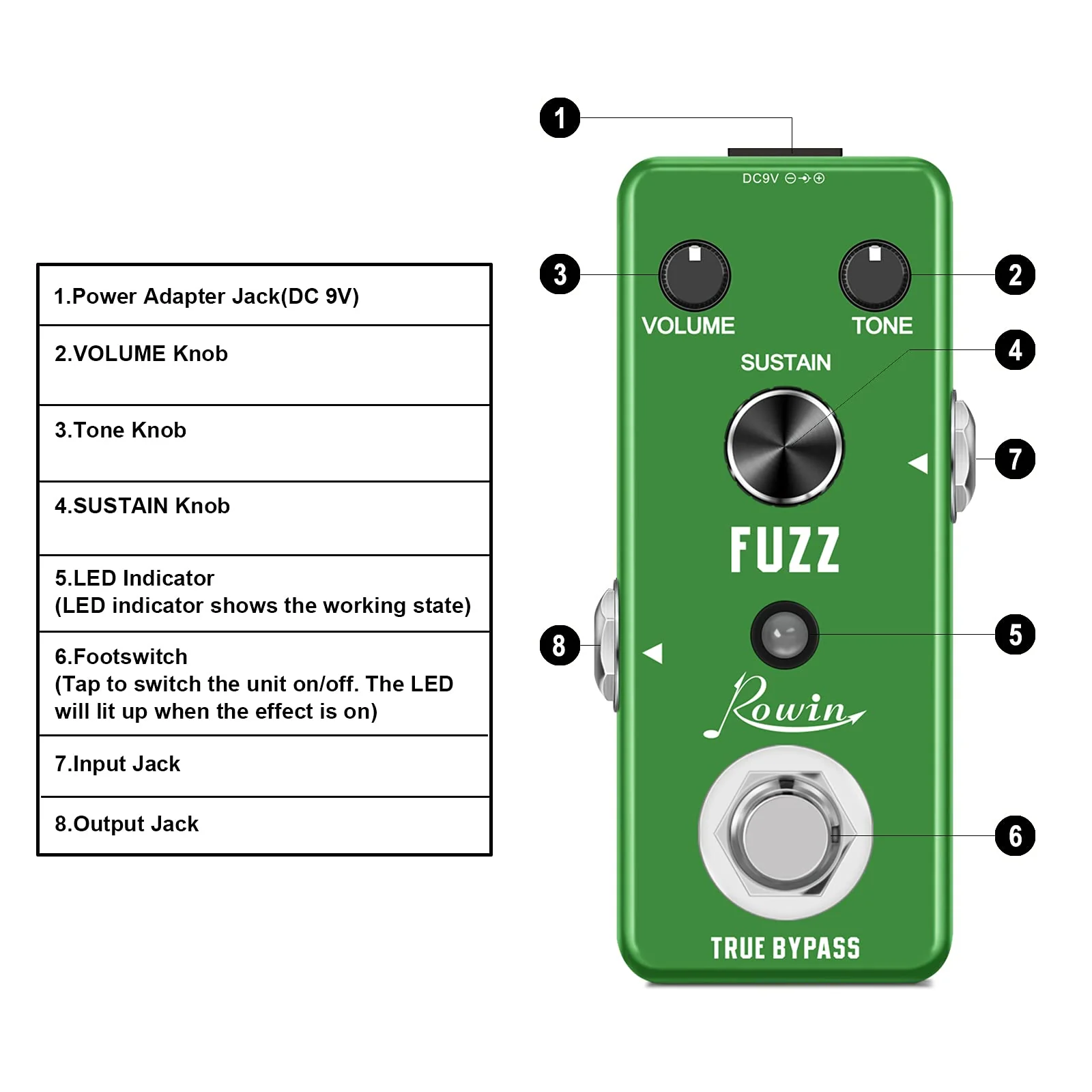 Rowin Analog Fuzz Pedal for Electric Guitar Bass True Bypass LEF-306 - Image 2