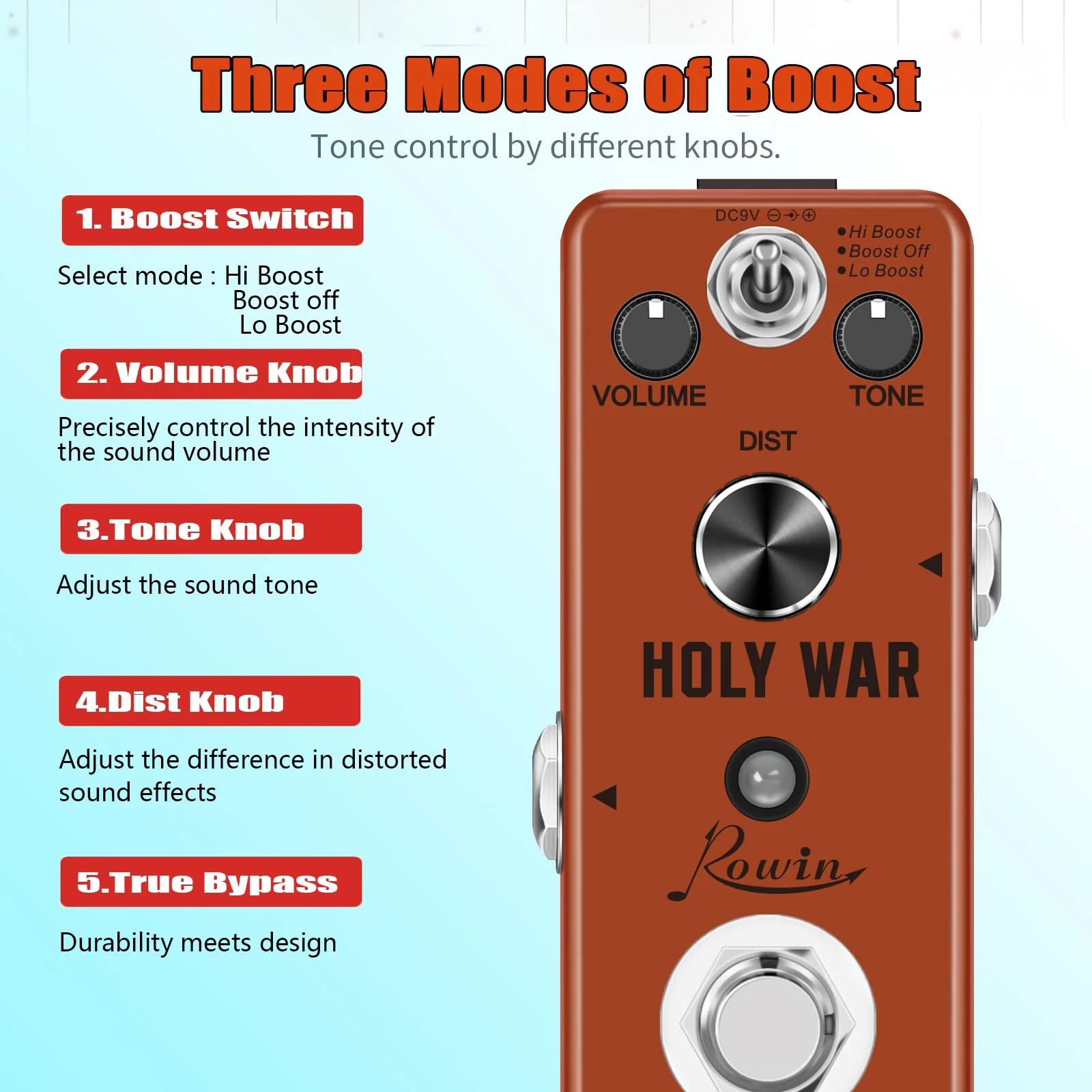 Rowin Analog Heavy Metal Distortion Pedal for Guitar True Bypass Red - Image 3