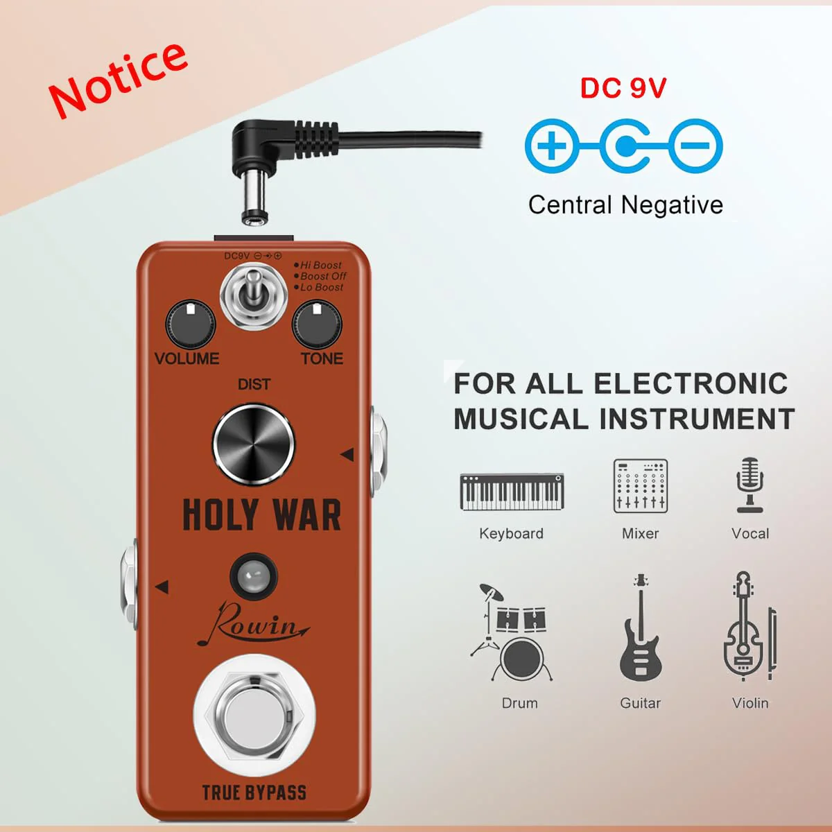 Rowin Analog Heavy Metal Distortion Pedal for Guitar True Bypass Red - Image 4