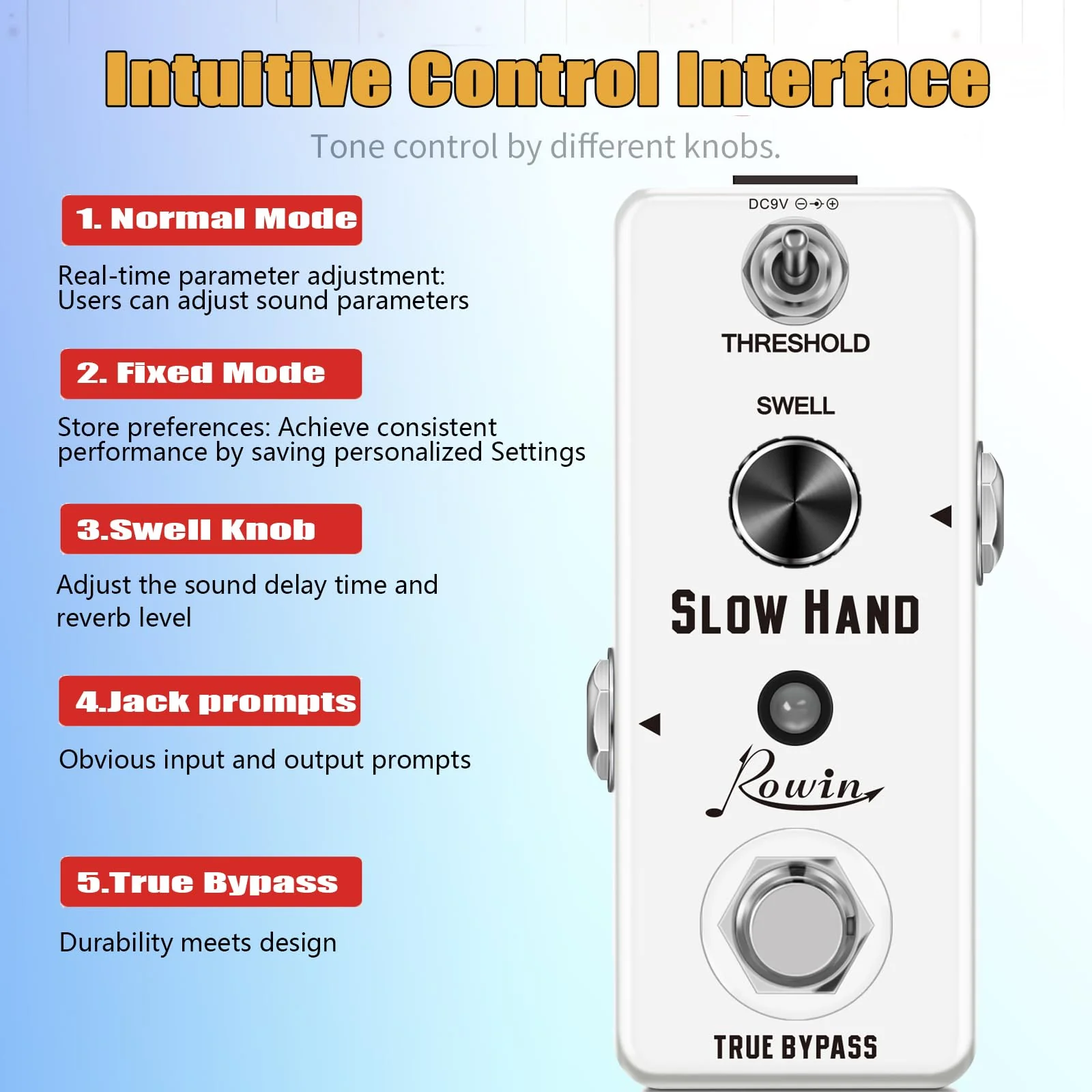 Rowin Digital Slow Hand Guitar Pedal Slow Gear Combine Reverb or Delay for Electric Guitar Bass True Bypass (LEF-326) - Image 3