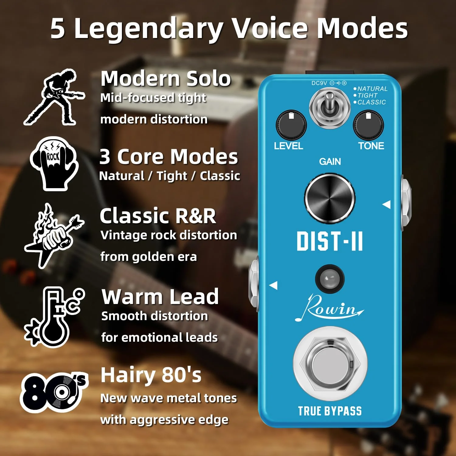 Rowin Distortion Guitar Effect Pedal Mini Analog Solo Distortion Pedal for Electric Guitar True Bypass DC 9V Blue LEF-301B - Image 3