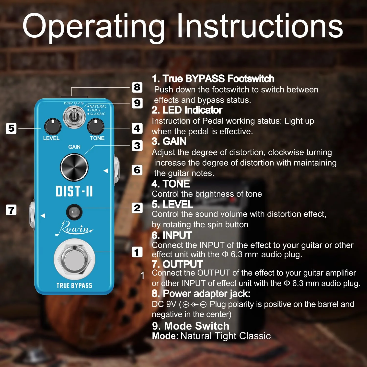 Rowin Distortion Guitar Effect Pedal Mini Analog Solo Distortion Pedal for Electric Guitar True Bypass DC 9V Blue LEF-301B - Image 4