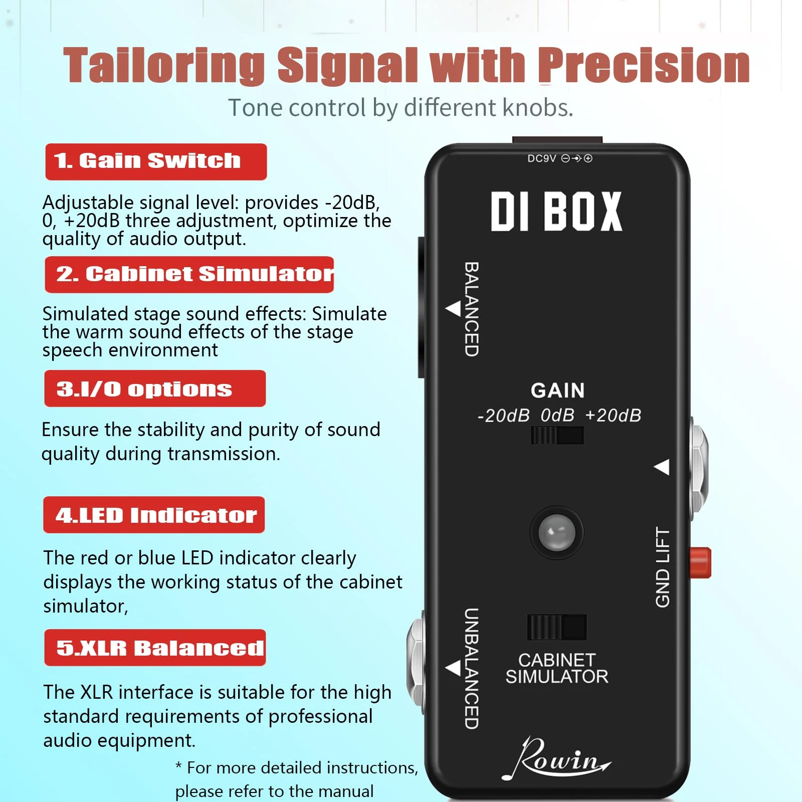 Rowin Guitar Bass Passive DI Box Instrument to Balanced and Unbalanced Micro Direct Box Pedal - Image 3
