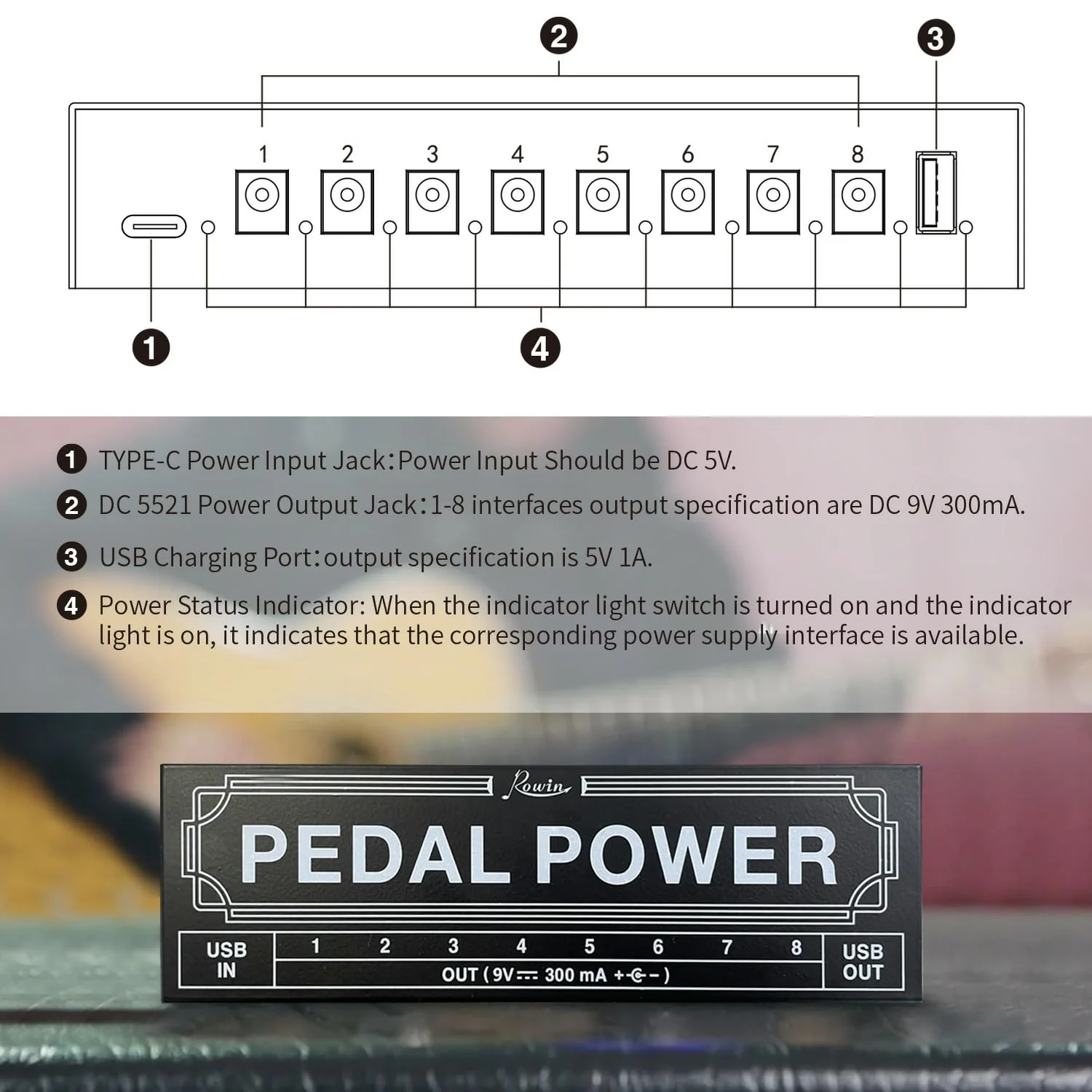 Rowin PW-2 Guitar Pedal Power Supply 8 Isolated DC Output for 9V Guitar Bass Effect Pedals with USB Charging Port for iPhone iPad Tablet PW-02 - Image 3