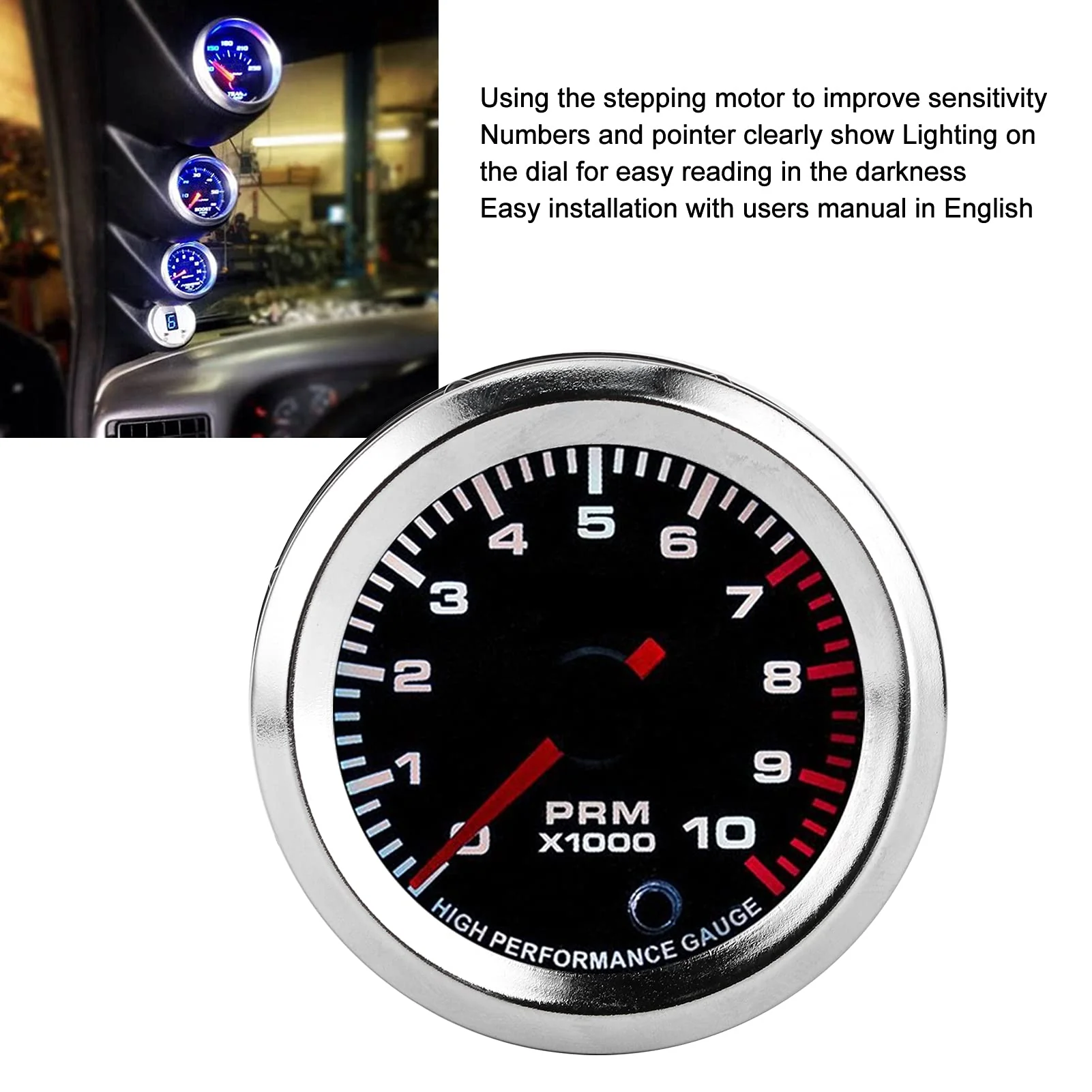 RPM Tachometer, 2in 10,000 RPM 7 Color LED Shift Light Tachometer Gauge for 4, 6, 8 Cylinder Gas Engines - Image 2