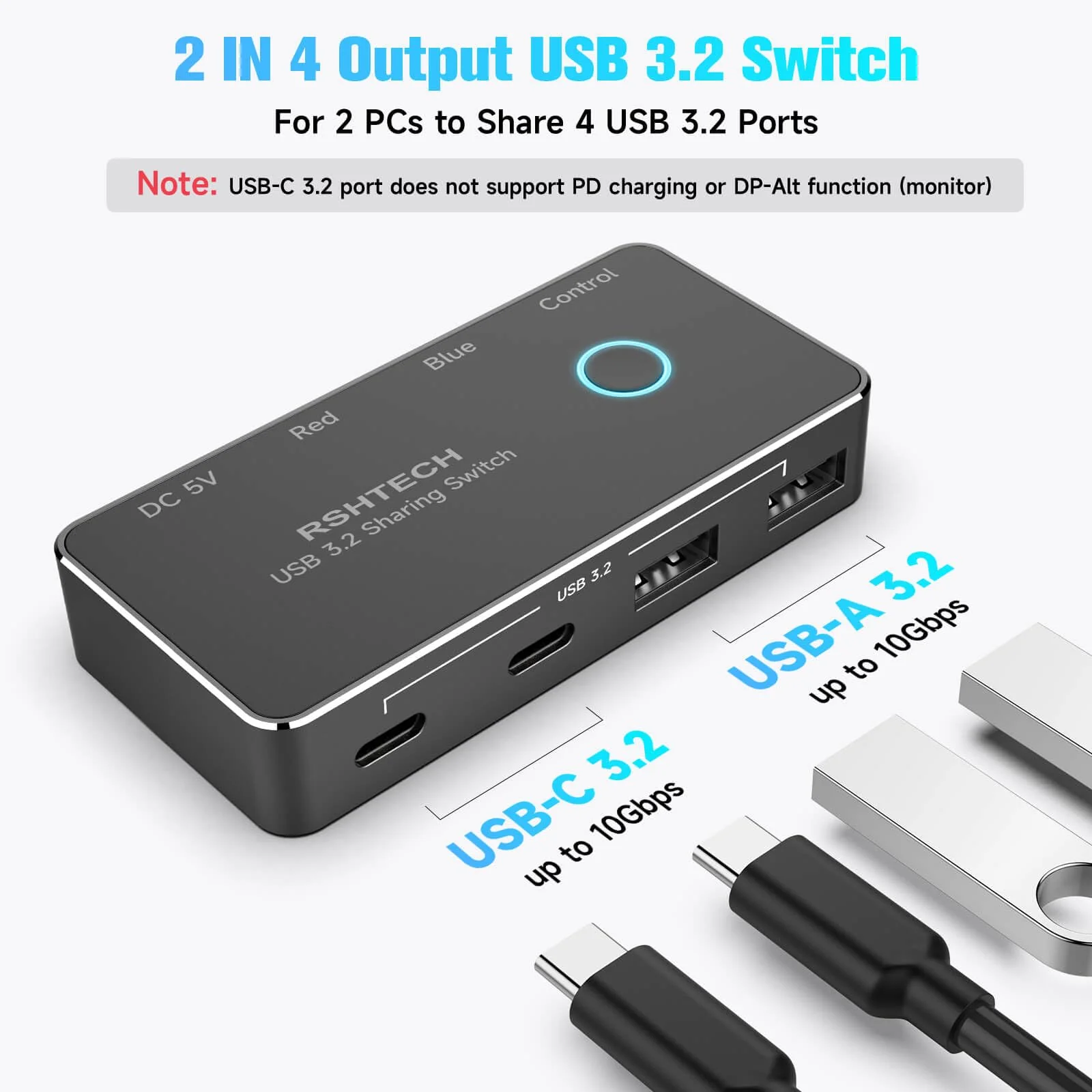RSHTECH USB 3.2/USB C Switch 10Gbps 2 Computers Share 4 USB 3.2 Ports(2 USB-A+2 USB-C), USB Switcher Selector with 2 Cables and Controller for PC Laptop (No Video Output or Charging) - Image 2