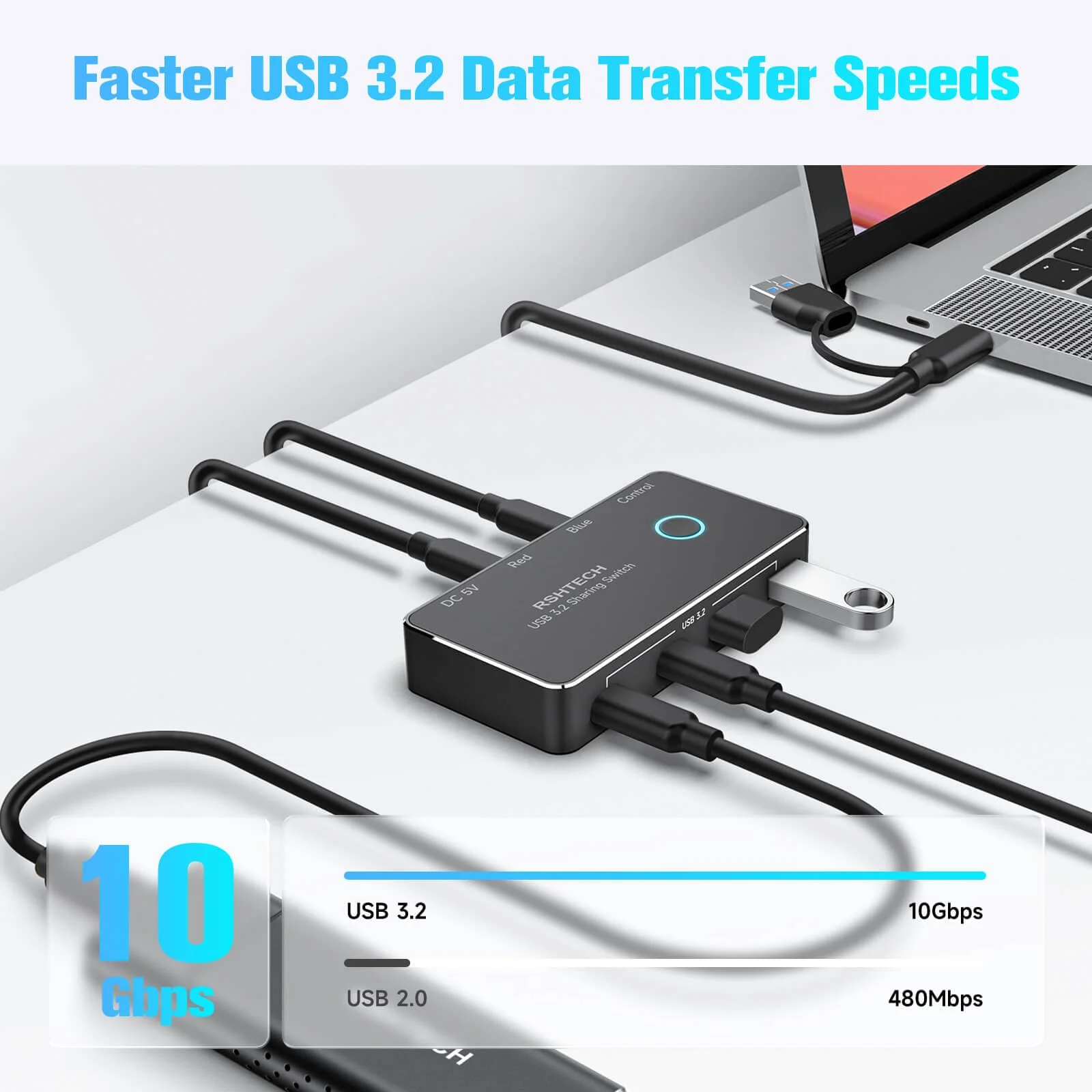 RSHTECH USB 3.2/USB C Switch 10Gbps 2 Computers Share 4 USB 3.2 Ports(2 USB-A+2 USB-C), USB Switcher Selector with 2 Cables and Controller for PC Laptop (No Video Output or Charging) - Image 3
