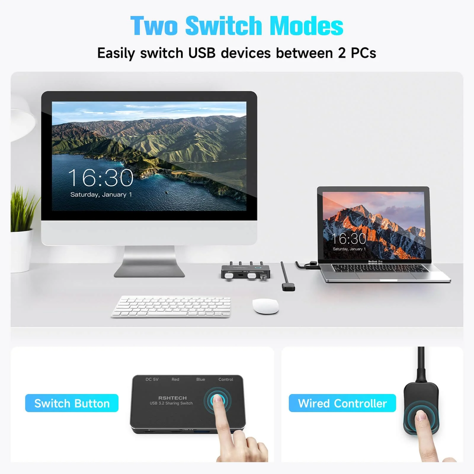 RSHTECH USB 3.2/USB C Switch 10Gbps 2 Computers Share 4 USB 3.2 Ports(2 USB-A+2 USB-C), USB Switcher Selector with 2 Cables and Controller for PC Laptop (No Video Output or Charging) - Image 5
