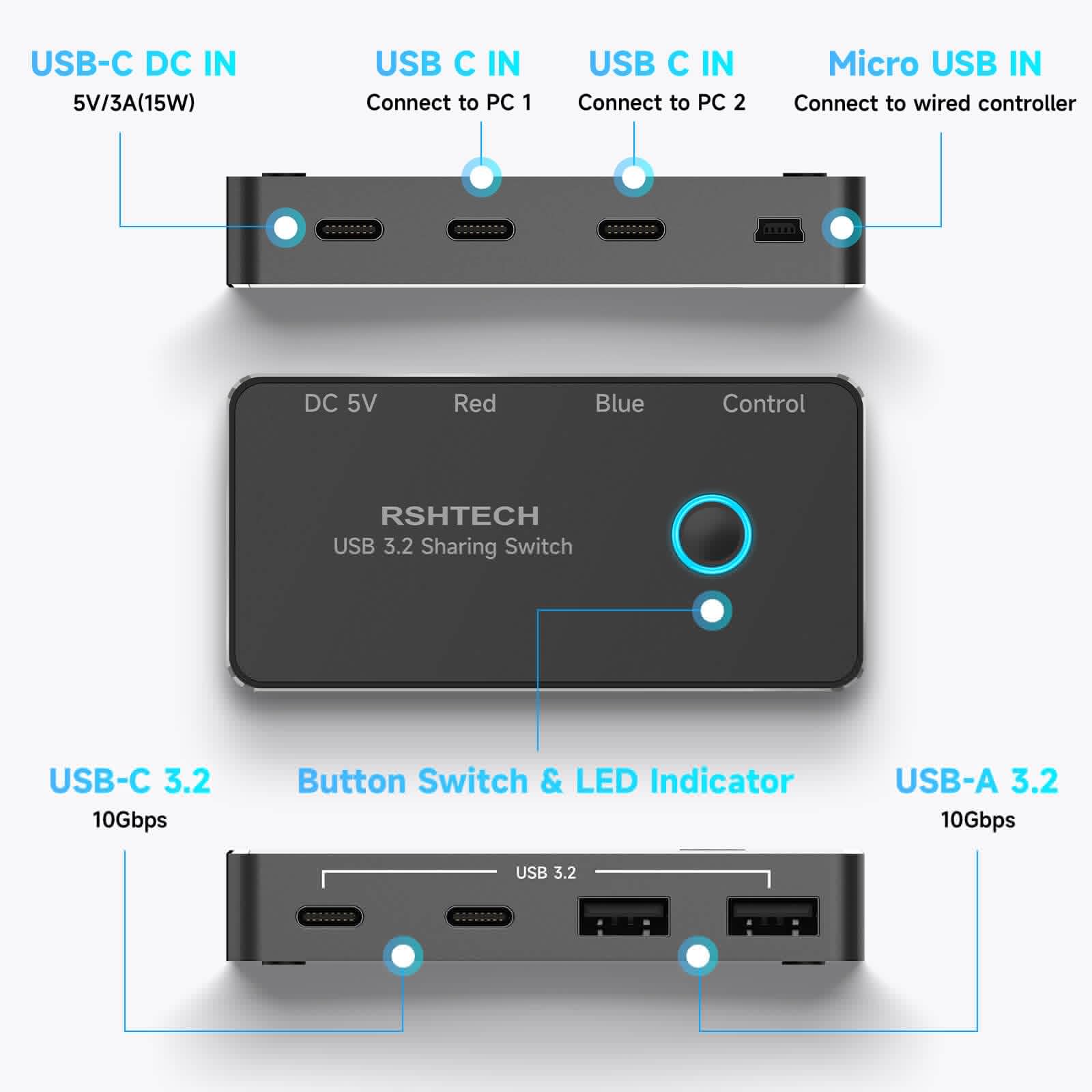 RSHTECH USB 3.2/USB C Switch 10Gbps 2 Computers Share 4 USB 3.2 Ports(2 USB-A+2 USB-C), USB Switcher Selector with 2 Cables and Controller for PC Laptop (No Video Output or Charging) - Image 7