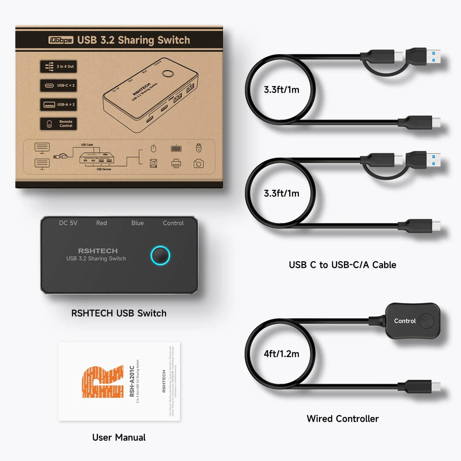 RSHTECH USB 3.2/USB C Switch 10Gbps 2 Computers Share 4 USB 3.2 Ports(2 USB-A+2 USB-C), USB Switcher Selector with 2 Cables and Controller for PC Laptop (No Video Output or Charging) - Image 8