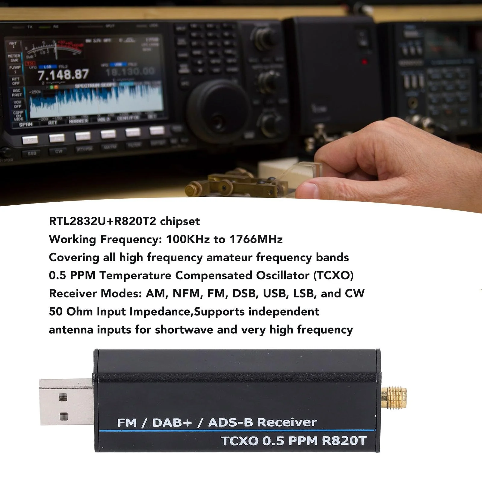 RTL SDR Receiver, 100KHz to 1766MHz RTL2832U R820T2 0.5PPM TCXO Software Defined Radio Receiver with AM, NFM, FM, DSB, USB, LSB, CW Modes, 8-Bit ADC, 50DB Dynamic Range - Image 3
