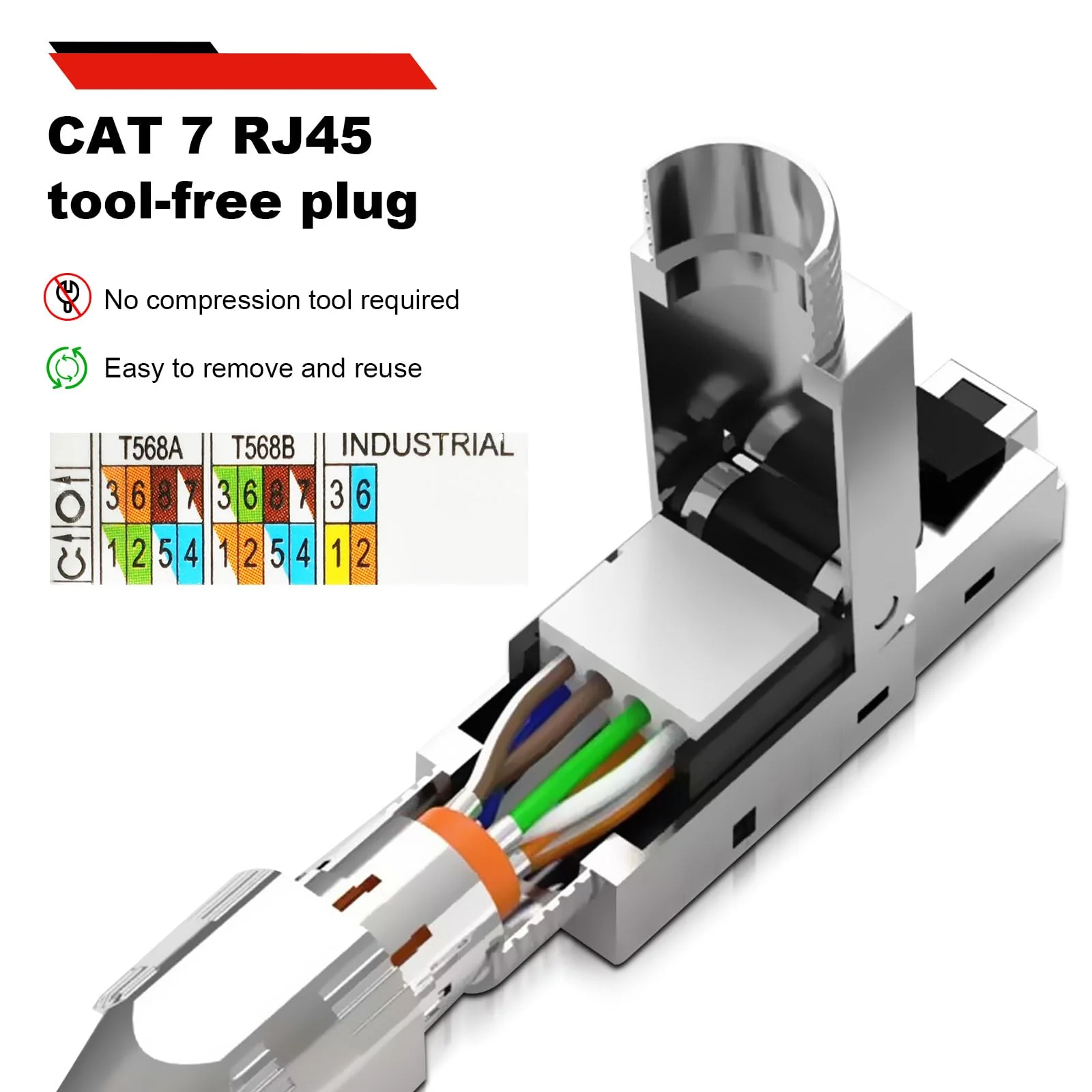 RUIZHI Pack of 8 10 Gbps RJ45 CAT7 Network Connectors LAN Connector Cat 7 Tool-free for Patch Cable Installation Cable CAT7 CAT6A - Image 5