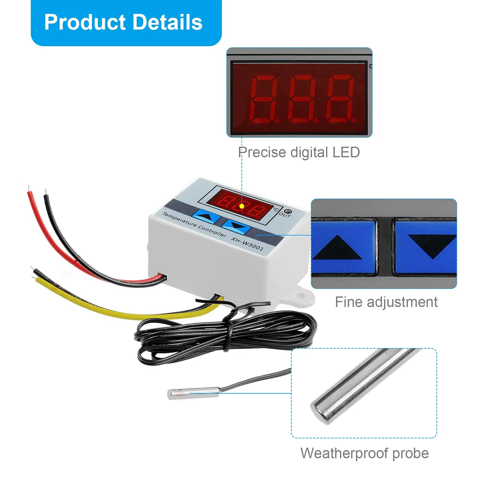 RUIZHI XH-W3001 Digital LCD Display Temperature Controller, DC 24V/240W Thermostat Switch with Waterproof Probe Microcomputer Thermostat - Image 3