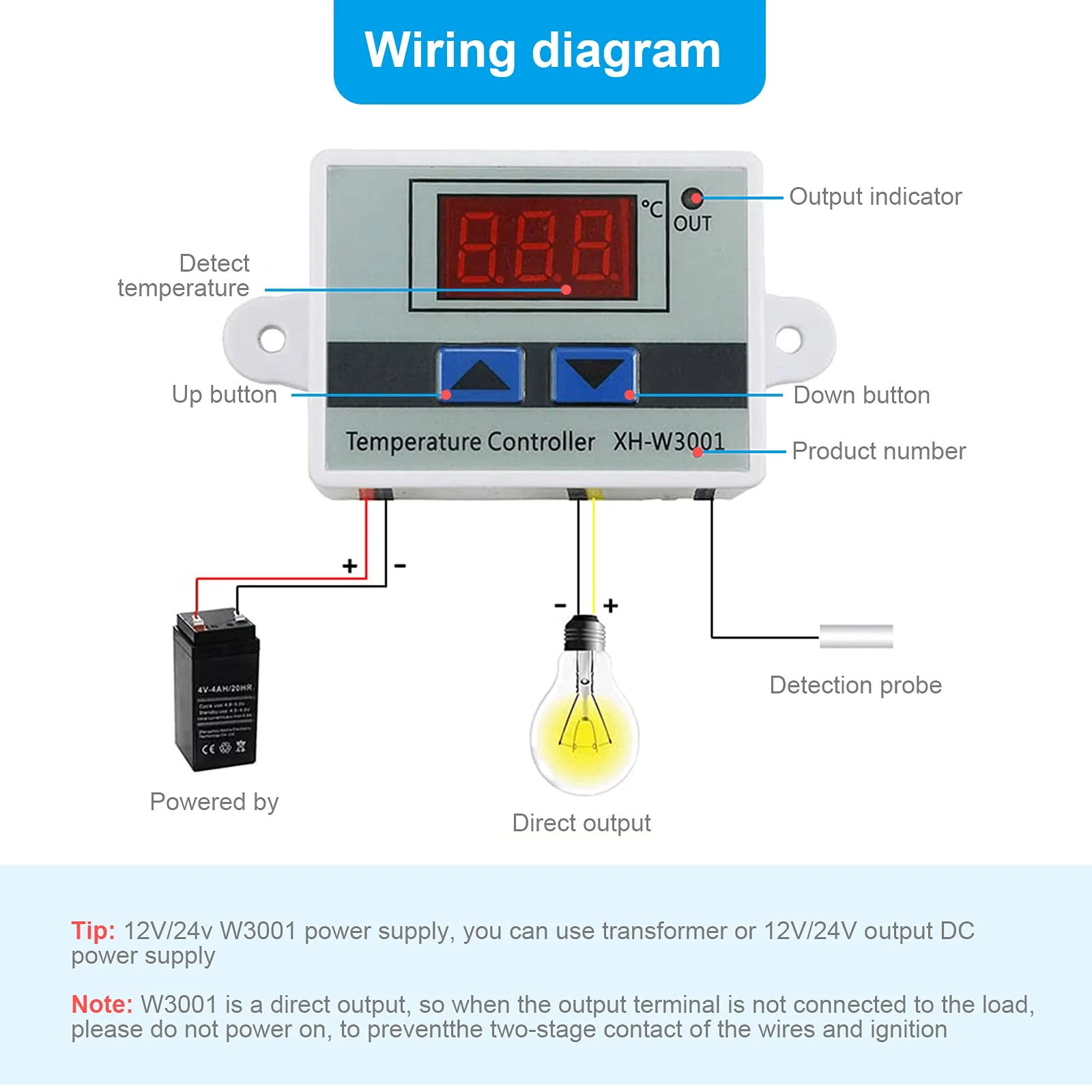 RUIZHI XH-W3001 Digital LCD Display Temperature Controller, DC 24V/240W Thermostat Switch with Waterproof Probe Microcomputer Thermostat - Image 4