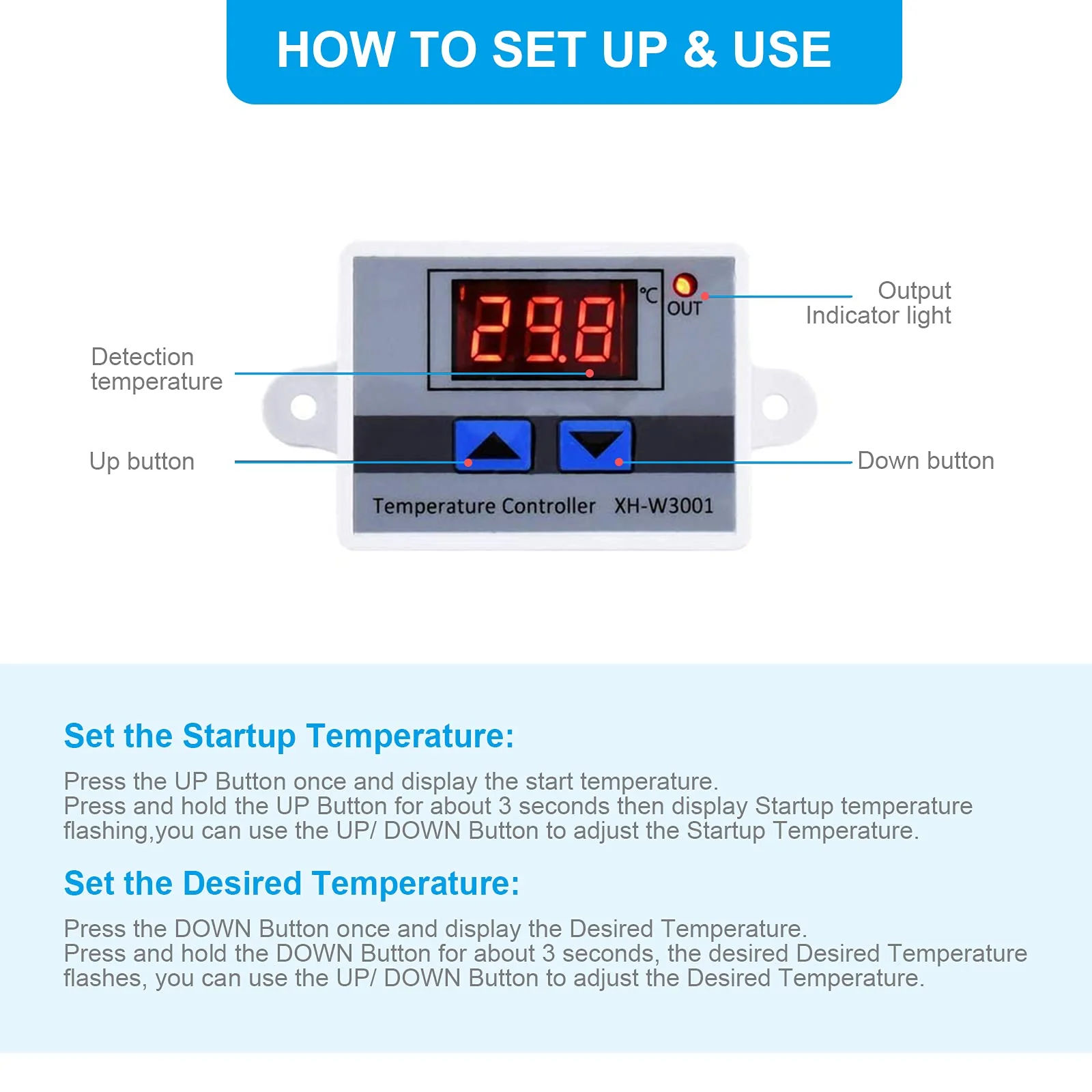 RUIZHI XH-W3001 Digital LCD Display Temperature Controller, DC 24V/240W Thermostat Switch with Waterproof Probe Microcomputer Thermostat - Image 5