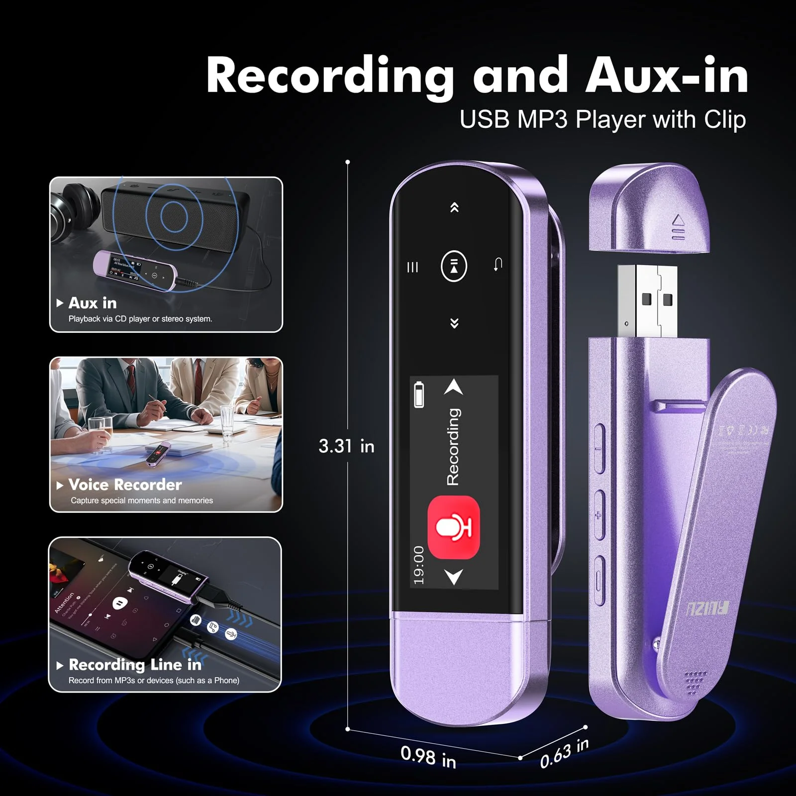RUIZU 64GB USB MP3 Player with Bluetooth 5.3, Clip Jam Portable Music Player for Sports Running, USB MP3 Player Stick with FM Radio, Voice Recorder, Digital Audio Shuffle Repeat, Phone File Transfer Purple - Image 7
