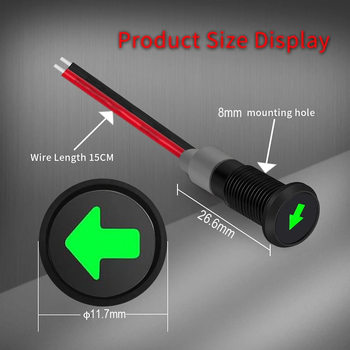 RUNCCI-YUN 12 V/24 V Round Metal Waterproof Signal Light LED Indicator Light, 8 mm Plate Mounting, DC LED Indicator Light, Dash Warning Light, Indicator Light with 26 AWG 150 mm, Green (Single Arrow) - Image 2