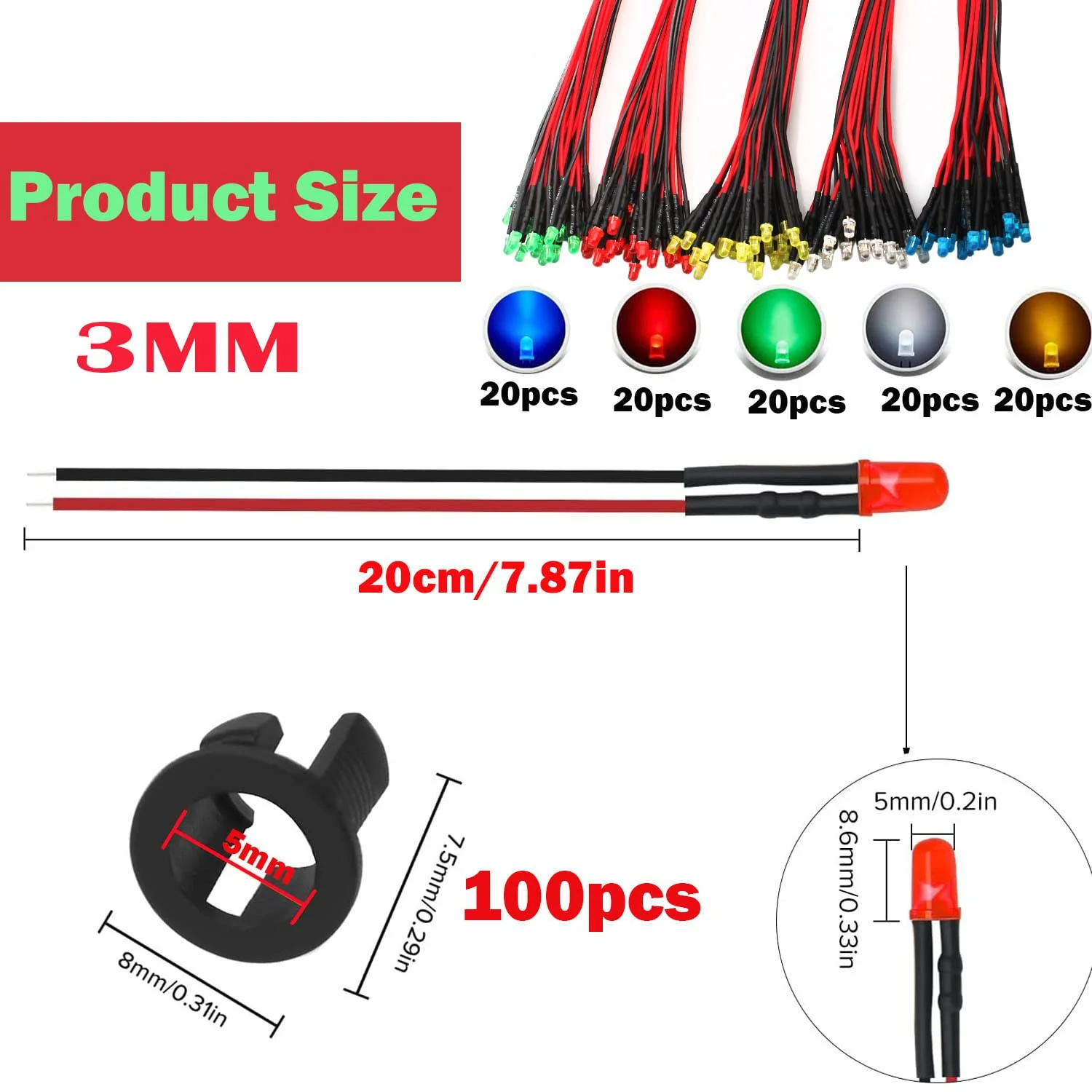 RUNCCI-YUN Pack of 100 3 mm 3 V-9 V-12 V LED Diode, LED with Cable 12 V, Model Railway H0 Lighting RC Model Building LED Diodes Light + 100 Pieces 3 mm LED Mounting Rings Plastic (Red, Yellow, Green, - Image 2