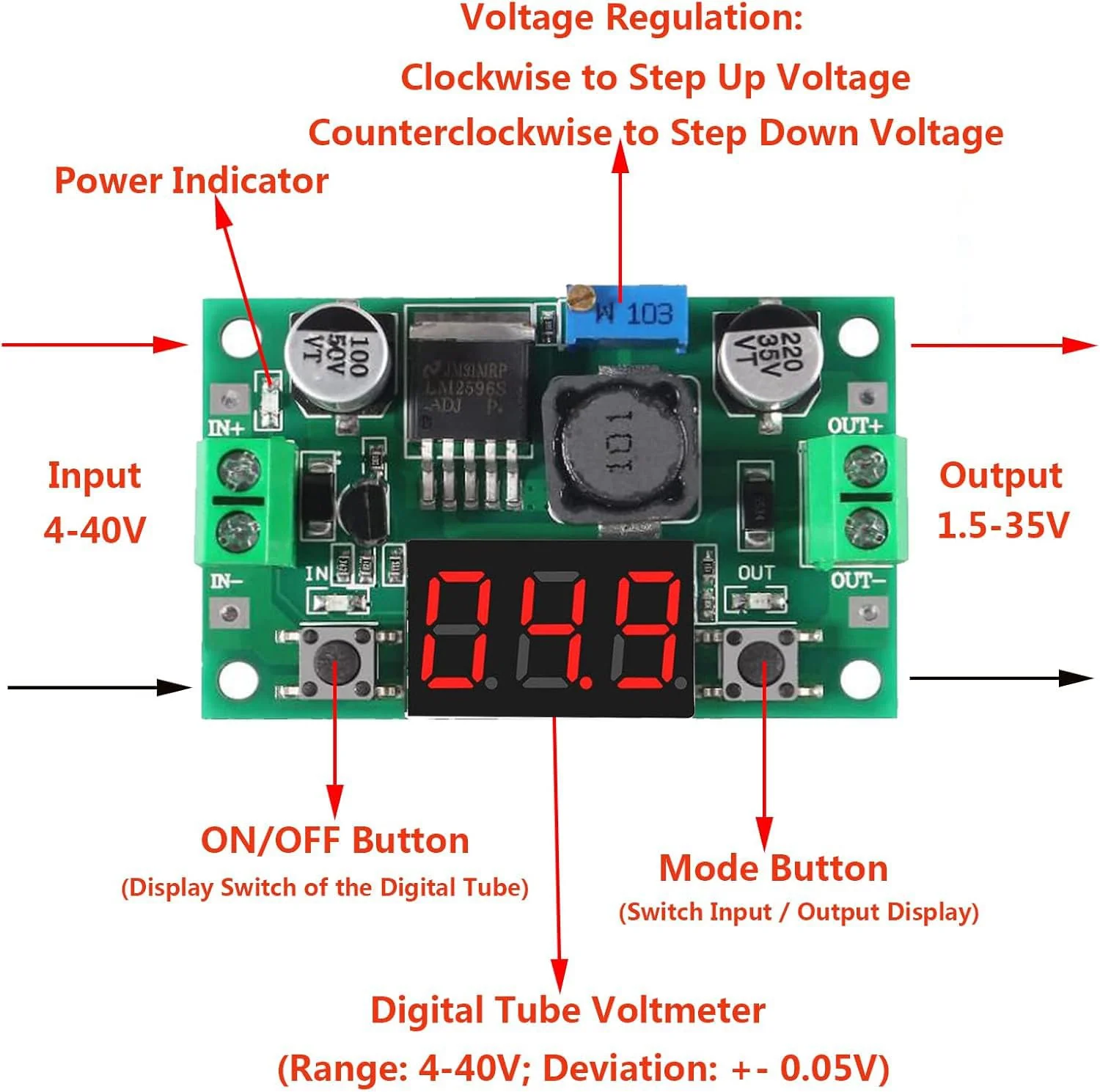 RUNCCI-YUN Set of 2 Adjustable DC Step Down Power Supply Converter, 4-40V Input to 1.25-37V Output Voltage Regulator with LED Voltmeter for DIY Arduino - Image 2