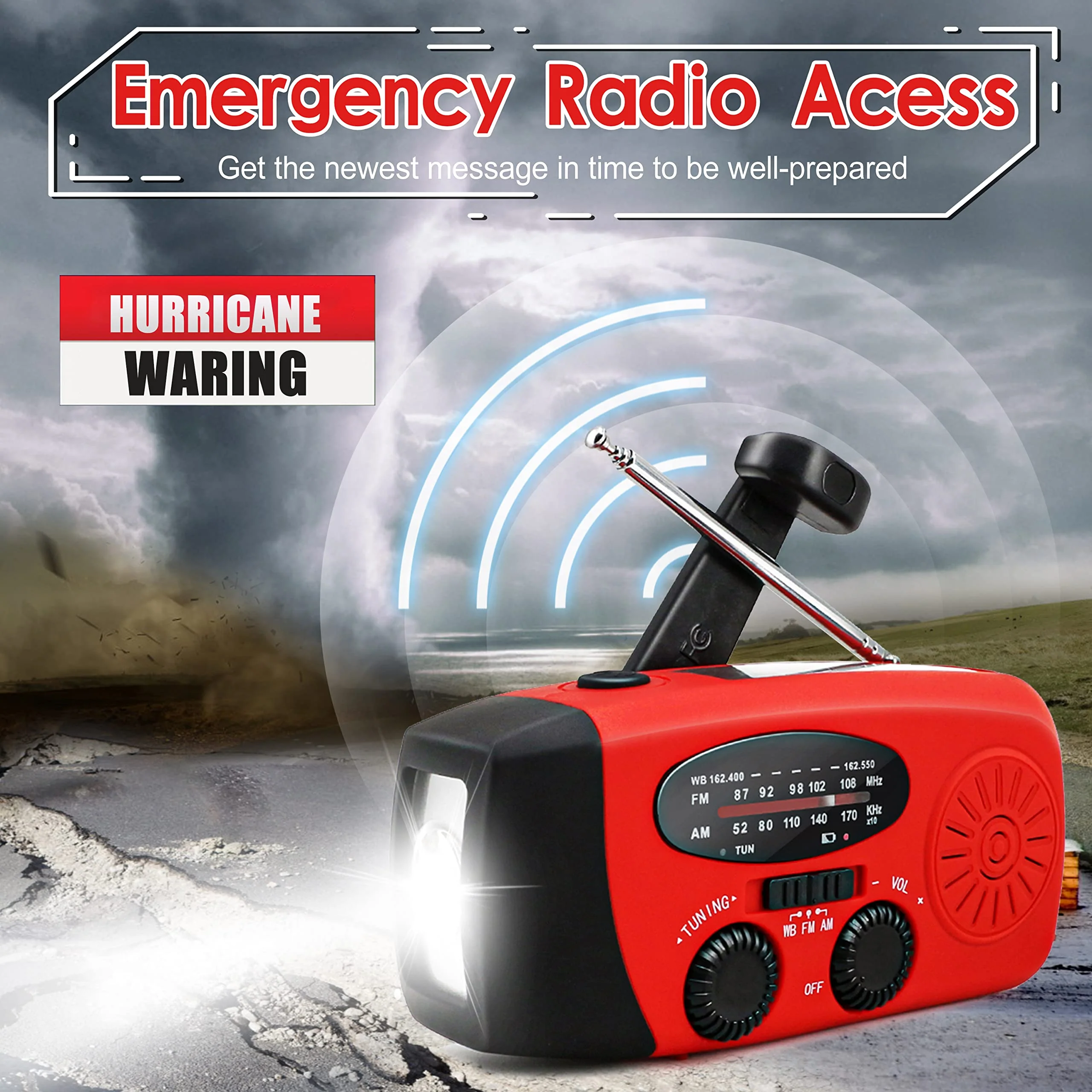 RunningSnail Emergency Hand Crank Radio With LED Flashlight For Emergency, AM/FM NOAA Portable Weather Radio With 2000mAh Power Bank Phone Charger, USB Charged & Solar Power For Camping, Emergency 087-Red - Image 2