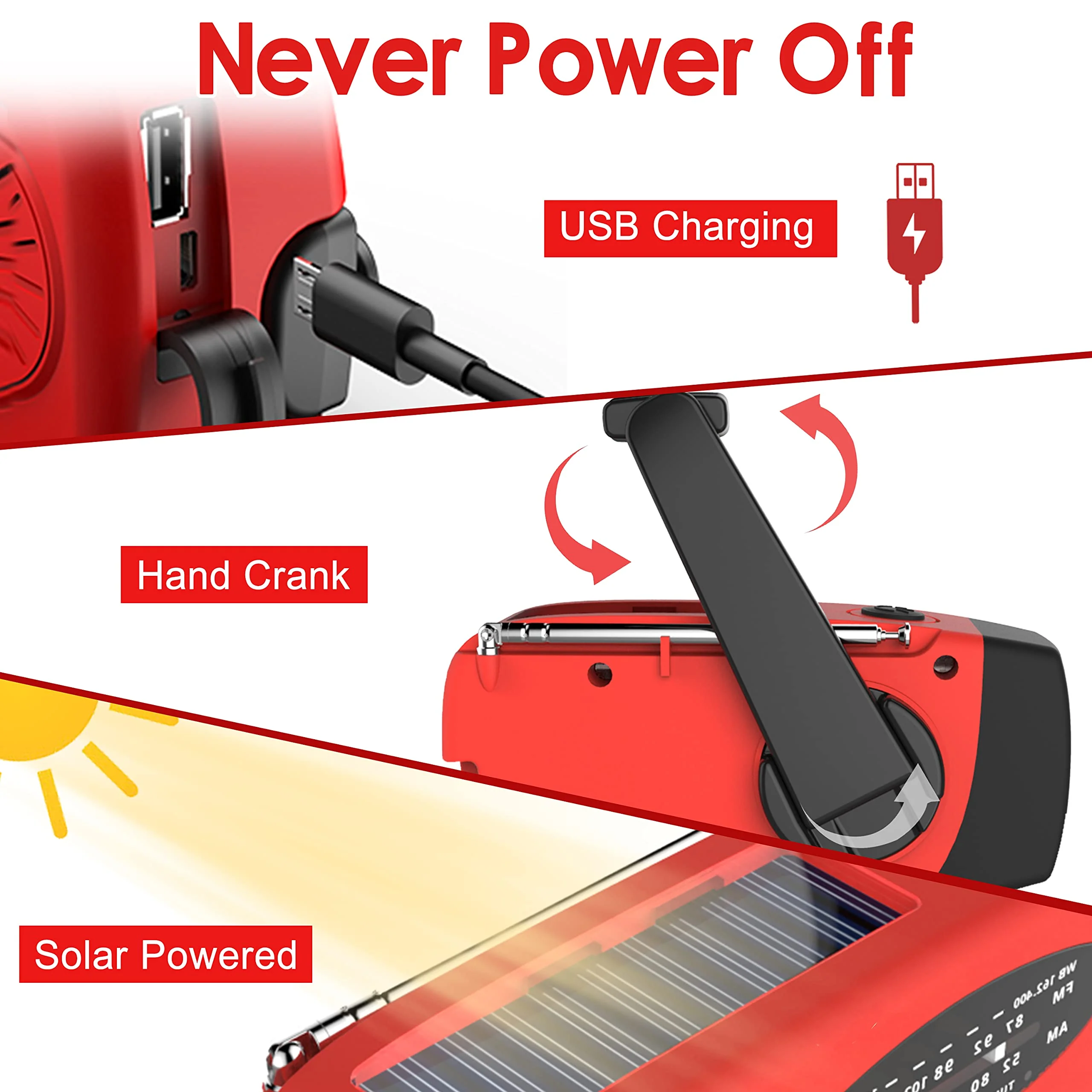 RunningSnail Emergency Hand Crank Radio With LED Flashlight For Emergency, AM/FM NOAA Portable Weather Radio With 2000mAh Power Bank Phone Charger, USB Charged & Solar Power For Camping, Emergency 087-Red - Image 4