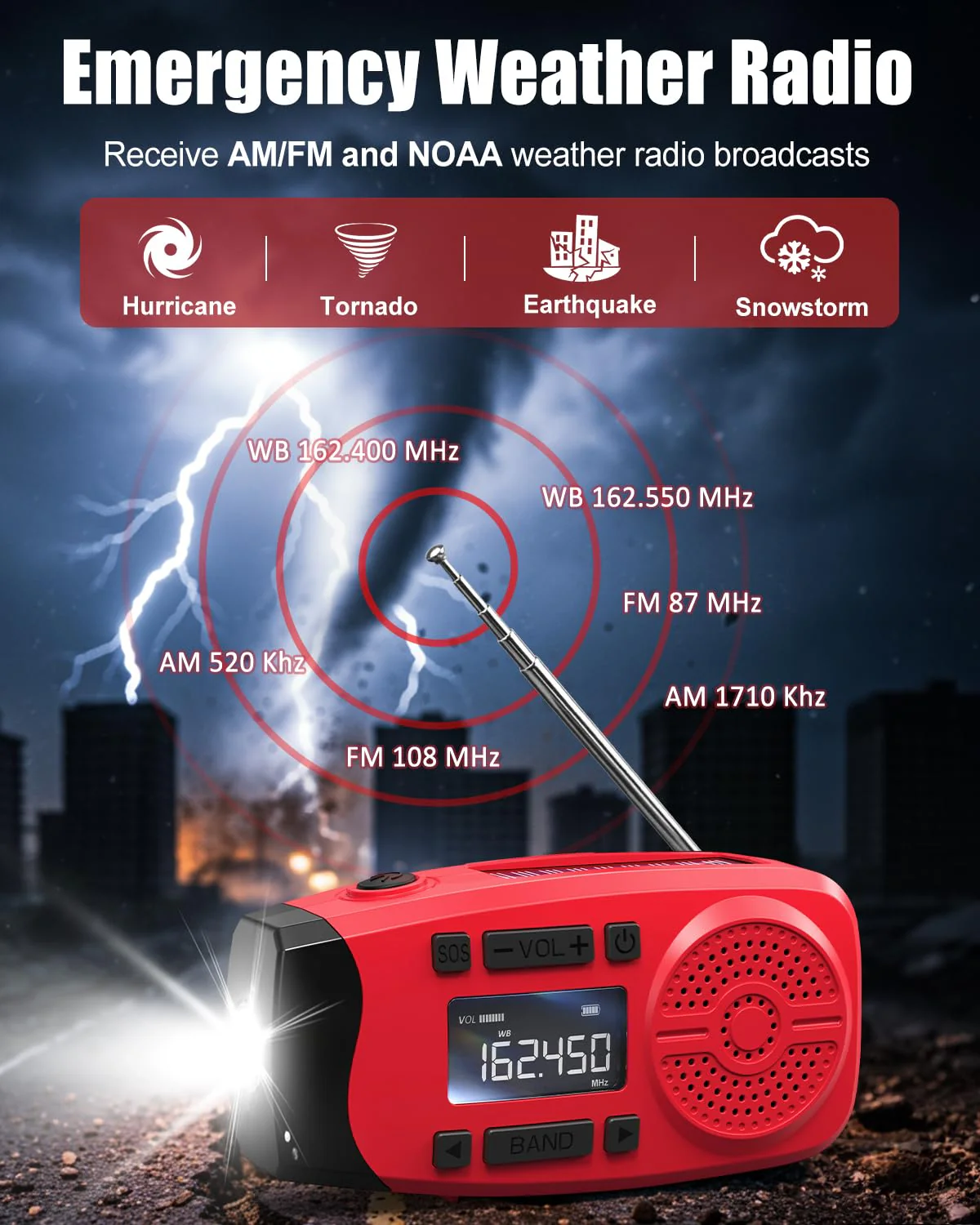 Runningsnail Emergency Weather Radio, 7400mWh Hand Crank Emergency Radio with LCD Display, Support Weather Alert Radio, USB/Solar/Hand Crank, 1W Flashlight & SOS Alarm for Outdoor & Home Emergency Red - Image 3