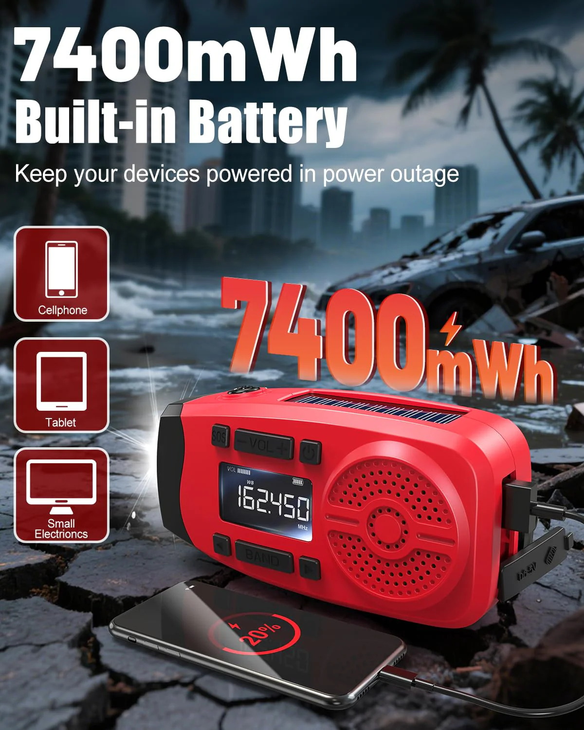 Runningsnail Emergency Weather Radio, 7400mWh Hand Crank Emergency Radio with LCD Display, Support Weather Alert Radio, USB/Solar/Hand Crank, 1W Flashlight & SOS Alarm for Outdoor & Home Emergency Red - Image 4
