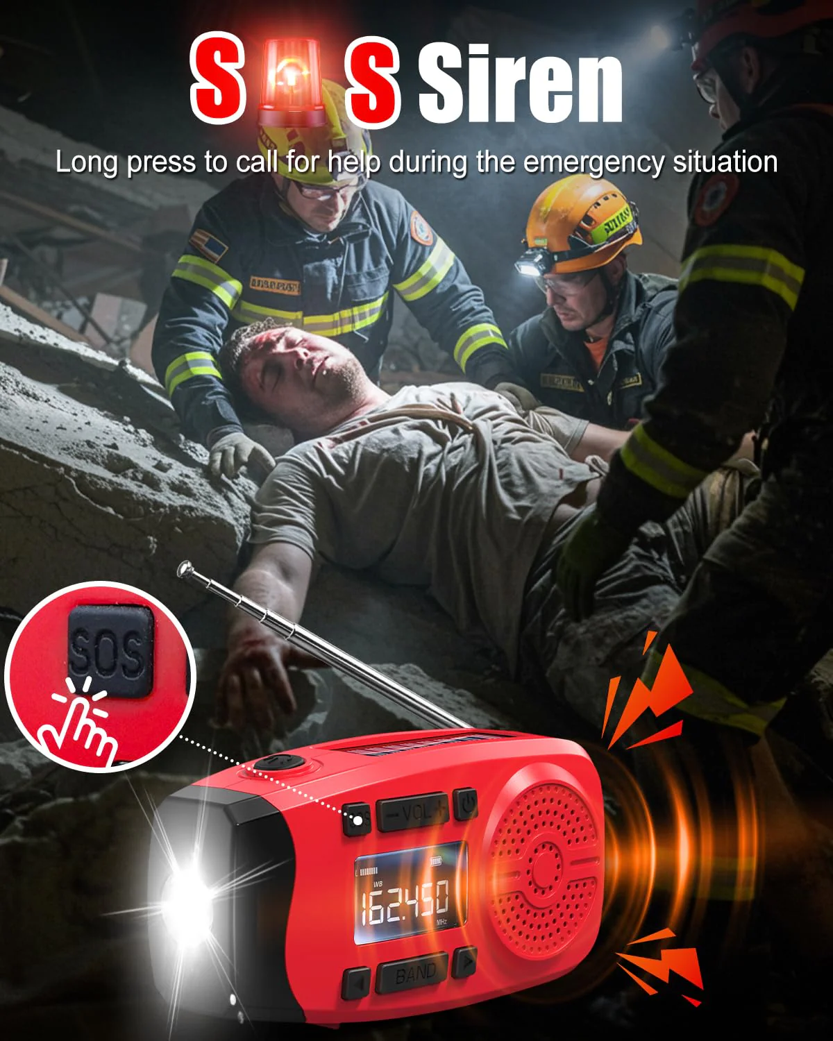 Runningsnail Emergency Weather Radio, 7400mWh Hand Crank Emergency Radio with LCD Display, Support Weather Alert Radio, USB/Solar/Hand Crank, 1W Flashlight & SOS Alarm for Outdoor & Home Emergency Red - Image 5