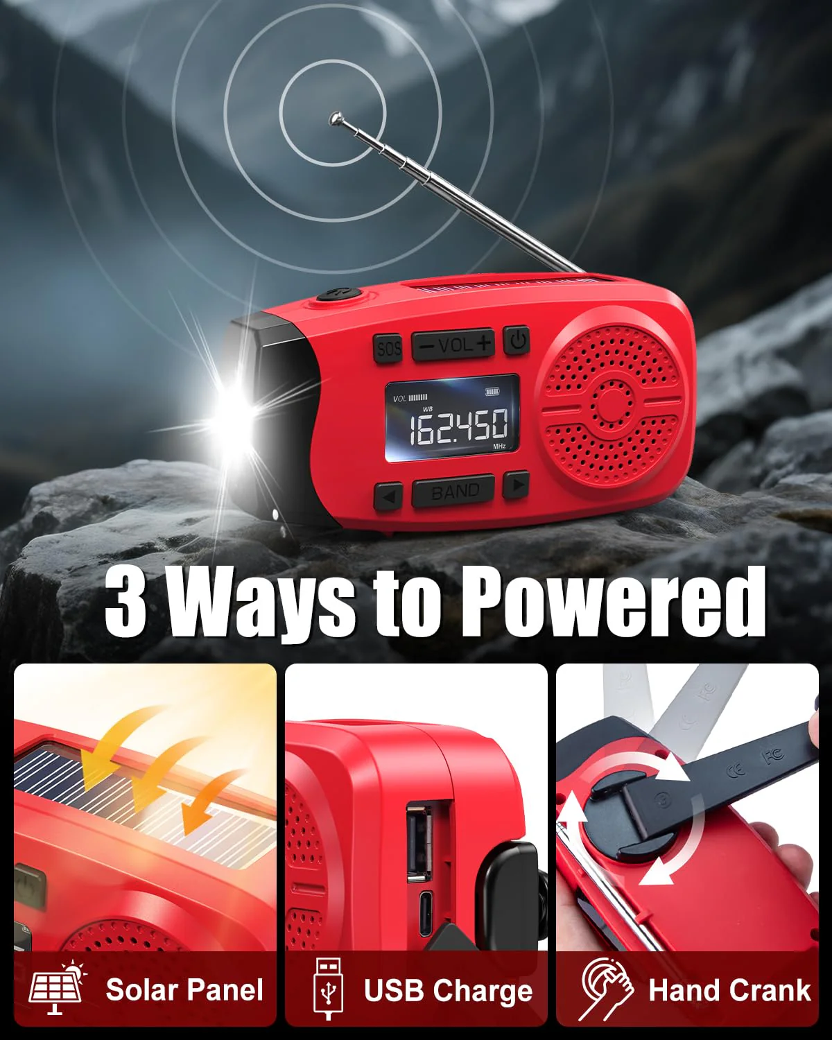 Runningsnail Emergency Weather Radio, 7400mWh Hand Crank Emergency Radio with LCD Display, Support Weather Alert Radio, USB/Solar/Hand Crank, 1W Flashlight & SOS Alarm for Outdoor & Home Emergency Red - Image 6