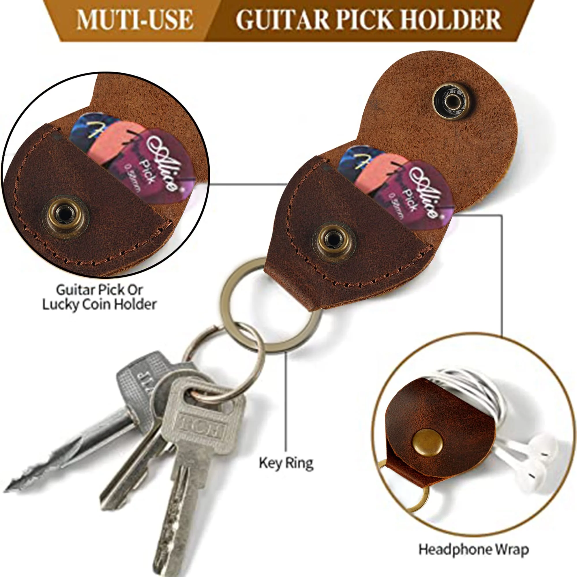 Rustic Leather Guitar Pick Holder, Keychain Key Organizer, Handmade :: Brown - Image 4
