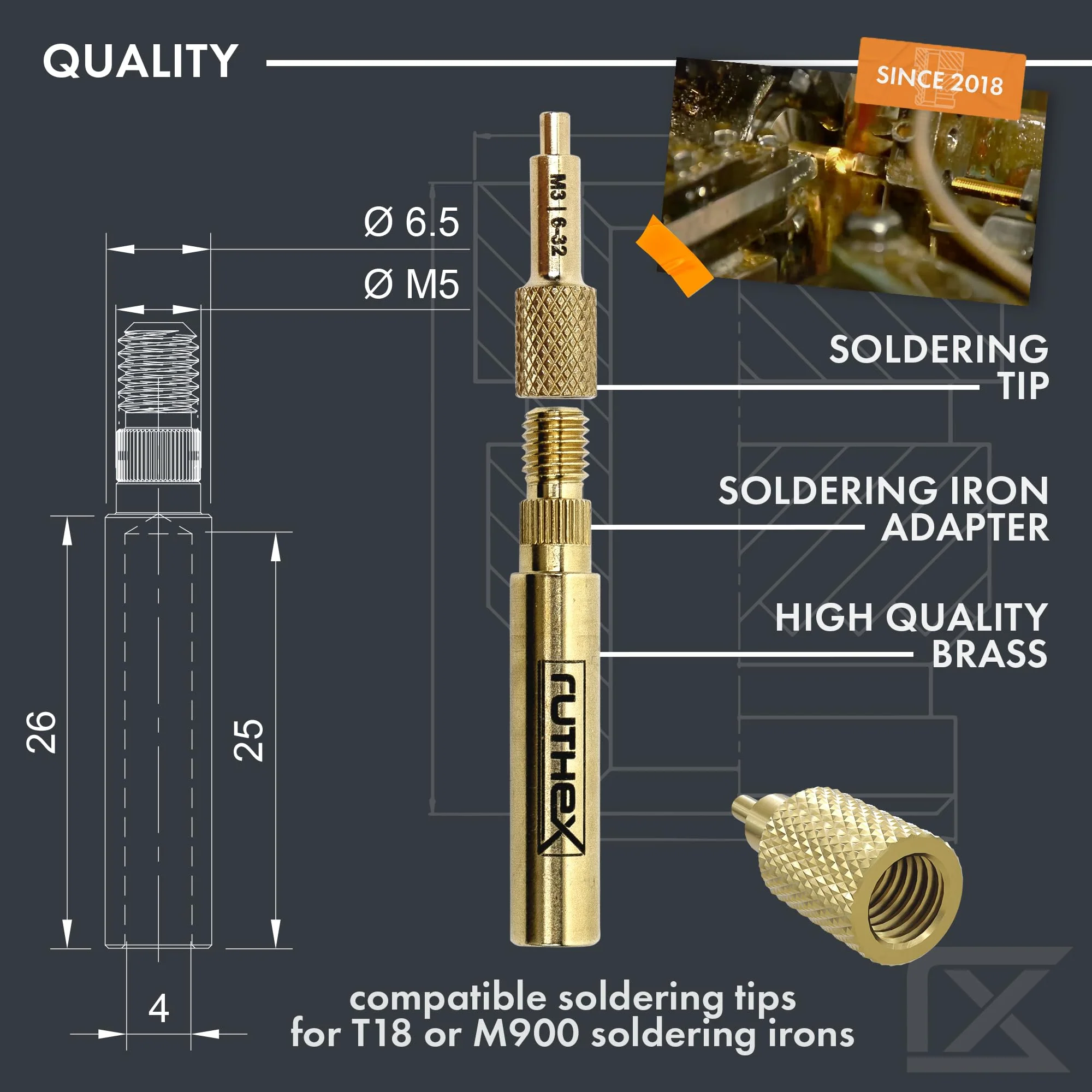 ruthex 7x Soldering Tips/Heat Set Insert Tips - for Thread Inserts M2 / M2.5 / M3 / M4 / M5 / M6 / M8 - #2-56 / #4-40/ #6-32/ #8-32/ #10-24 1/4" and Soldering Iron Adapter 900M / T18 Adapter 900M + Insert Tip Set V3 - Image 2