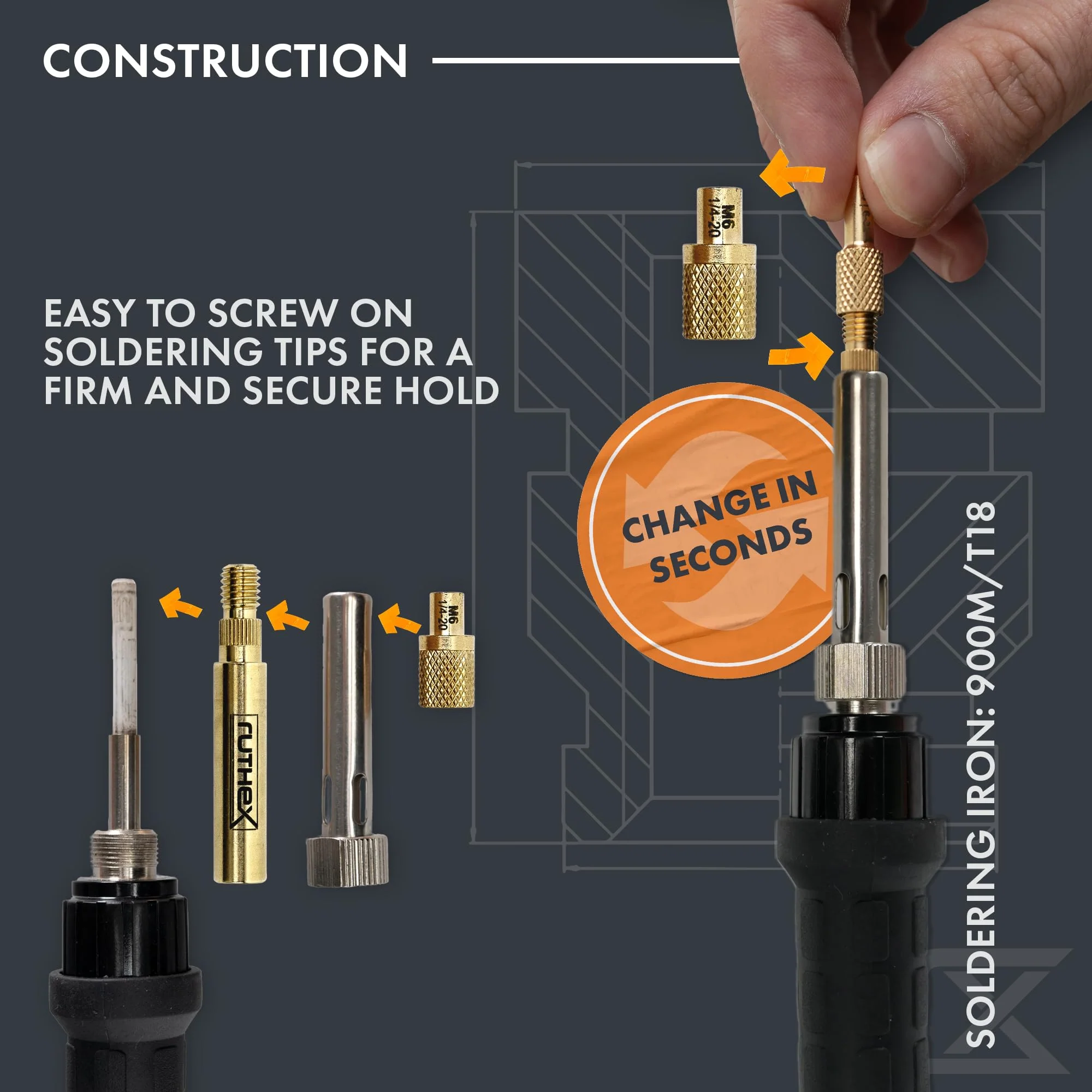 ruthex 7x Soldering Tips/Heat Set Insert Tips - for Thread Inserts M2 / M2.5 / M3 / M4 / M5 / M6 / M8 - #2-56 / #4-40/ #6-32/ #8-32/ #10-24 1/4" and Soldering Iron Adapter 900M / T18 Adapter 900M + Insert Tip Set V3 - Image 4
