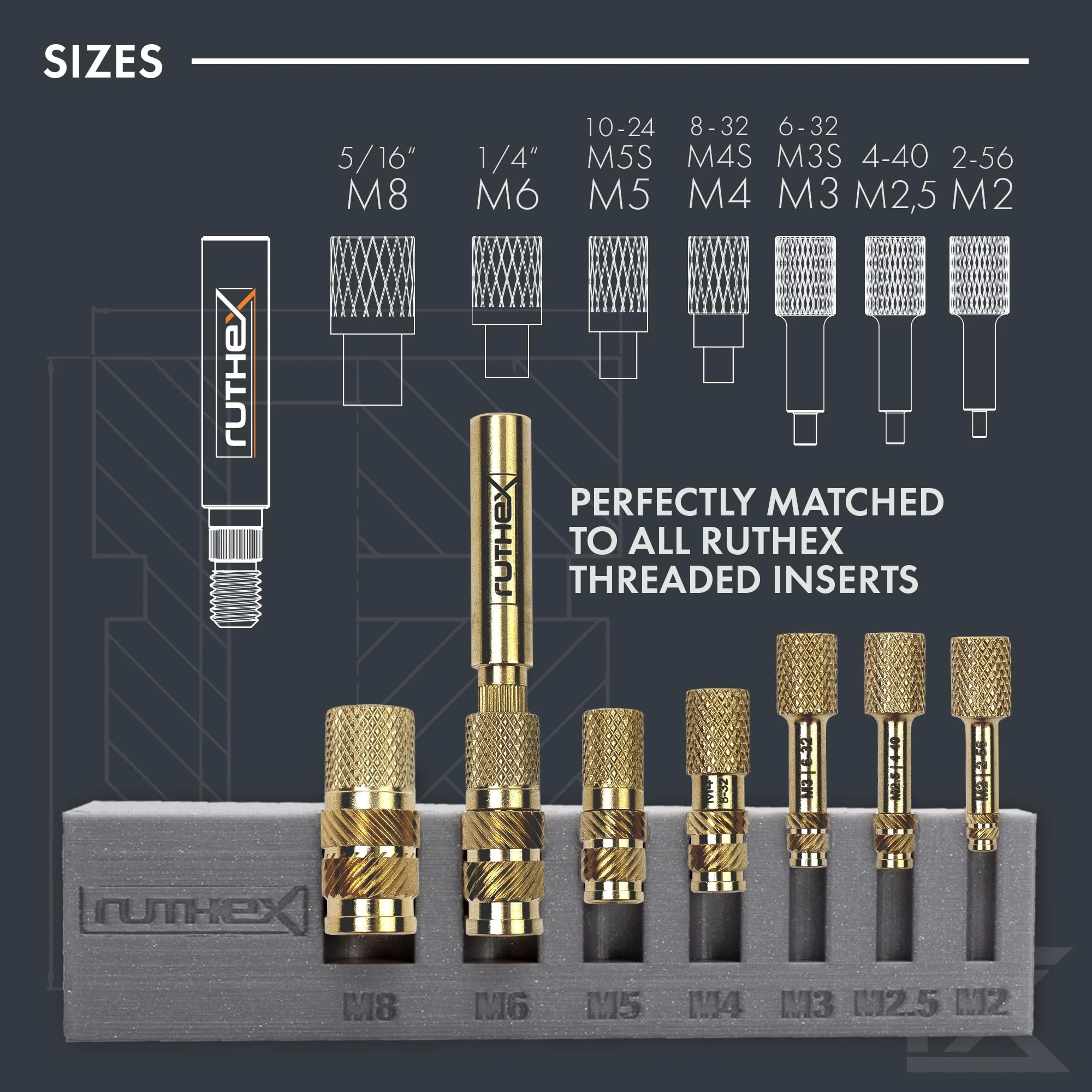 ruthex 7x Soldering Tips/Heat Set Insert Tips - for Thread Inserts M2 / M2.5 / M3 / M4 / M5 / M6 / M8 - #2-56 / #4-40/ #6-32/ #8-32/ #10-24 1/4" and Soldering Iron Adapter 900M / T18 Adapter 900M + Insert Tip Set V3 - Image 5