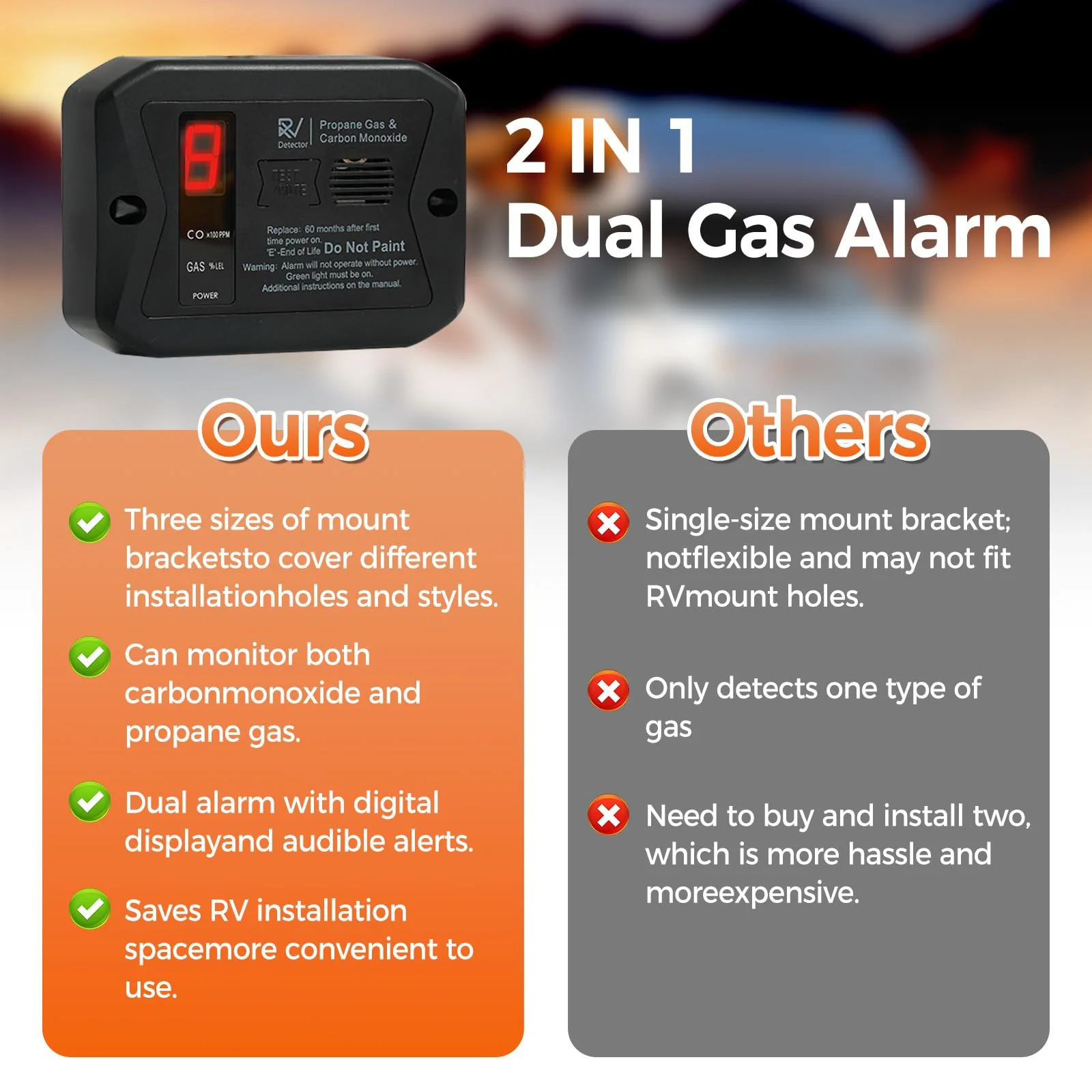 RV Carbon Monoxide and Propane Detectors, Camper CO/LP Gas Alarm, 12V DC 3 Brackets Compatible with All Other Brands with Digital Display and Screwdriver, Flush & Surface Mount - Image 4