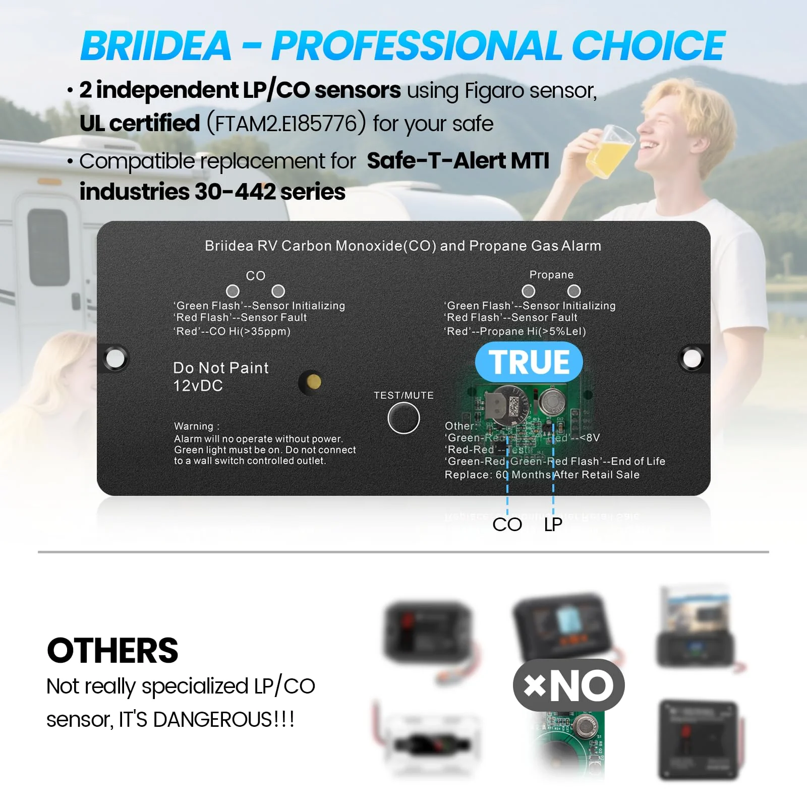 RV Carbon Monoxide & Propane Gas Alarm, Briidea Dual LP/CO Alarm with Separate LED Indicator Light, Metal Housing, 100dB Loud Alert, Flush Mount, Compatible Replacement for Safe-T-Alert 30-442 Series 6.4in*2.6in*0.6in - Image 3