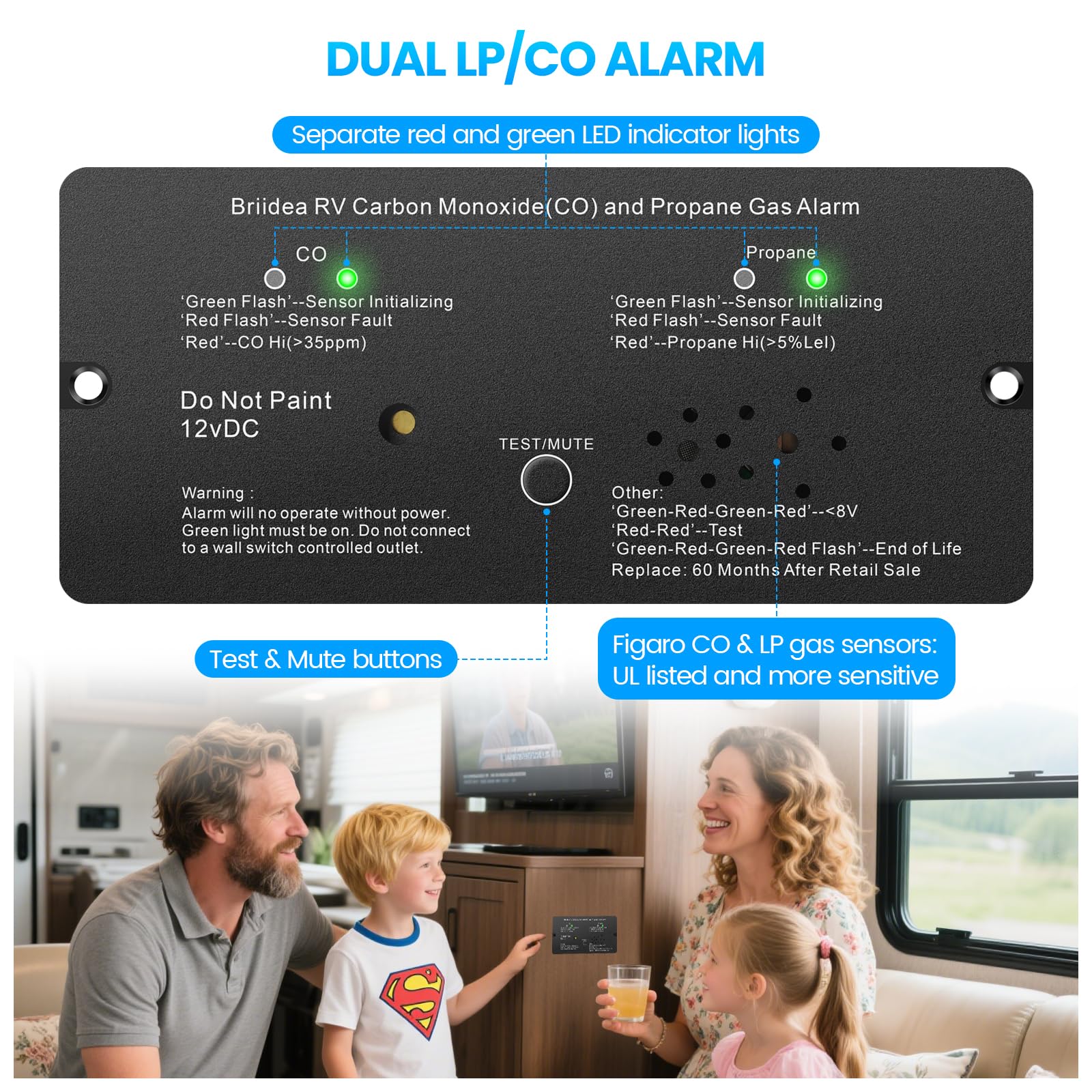 RV Carbon Monoxide & Propane Gas Alarm, Briidea Dual LP/CO Alarm with Separate LED Indicator Light, Metal Housing, 100dB Loud Alert, Flush Mount, Compatible Replacement for Safe-T-Alert 30-442 Series 6.4in*2.6in*0.6in - Image 4
