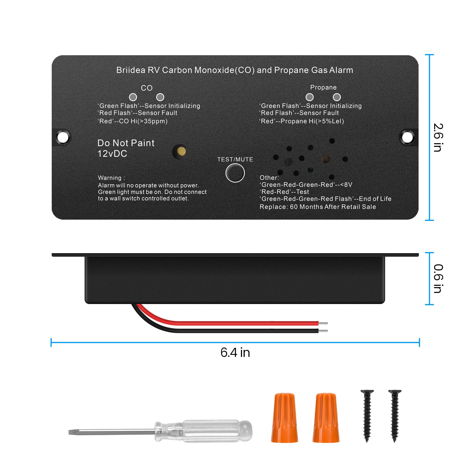 RV Carbon Monoxide & Propane Gas Alarm, Briidea Dual LP/CO Alarm with Separate LED Indicator Light, Metal Housing, 100dB Loud Alert, Flush Mount, Compatible Replacement for Safe-T-Alert 30-442 Series 6.4in*2.6in*0.6in - Image 7