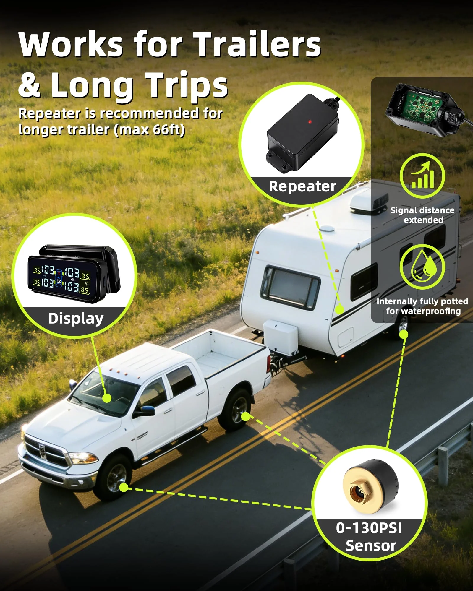 RV Tire Pressure Monitoring System, USB/Solar TPMS with 6 All-Metal Sensors, Repeater, tire Pressure Sensor, 6 Alarm Modes, 66ft Range, 0-130PSI for RV/Truck/SUV/Towing Medium Trailer TY102 TY102 - 6 Sensors+Repeater - Image 3
