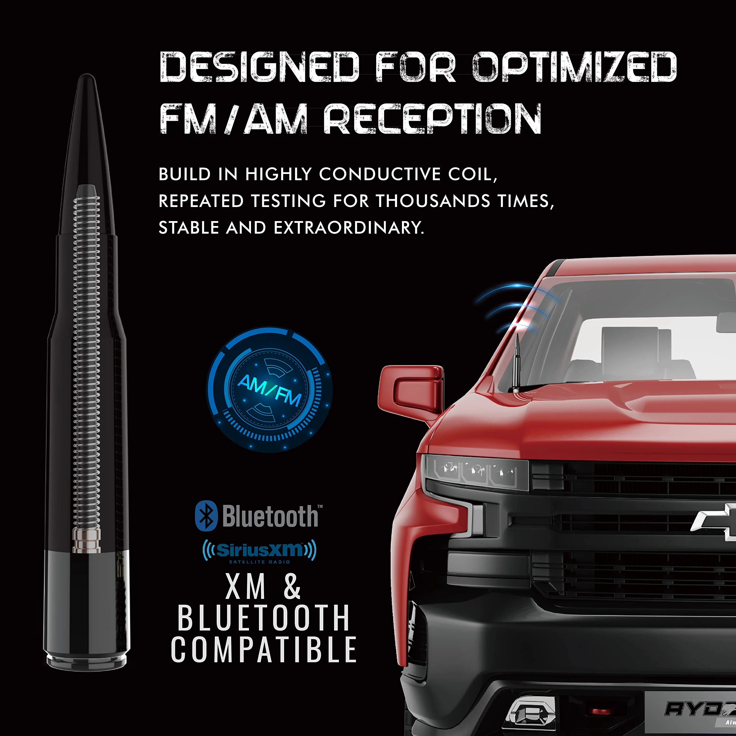 RYDONAIR Short Antenna Compatible with Chevy & GMC Trucks All Years Model, Internal Copper Coil for Enhanced Reception, Car Wash Proof, 50 Cal ABS Antenna Replacement - Image 2