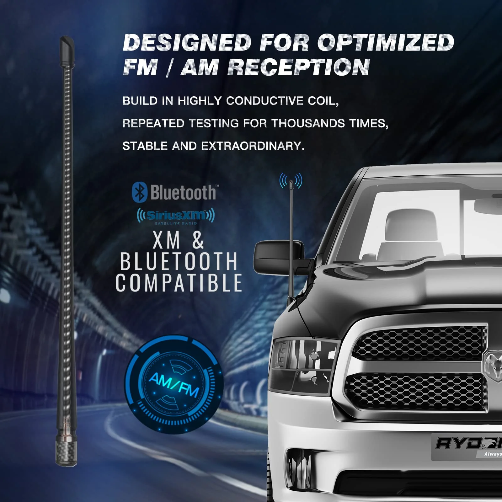 RYDONAIR Short Antenna Compatible with Dodge Ram 1500 2500 3500 1990-2026 & Ford F150 F250 F350 1990-2026, Internal Copper Coil for Enhanced Reception, 13 inches Flexible Rubber Antenna Replacement - Image 2