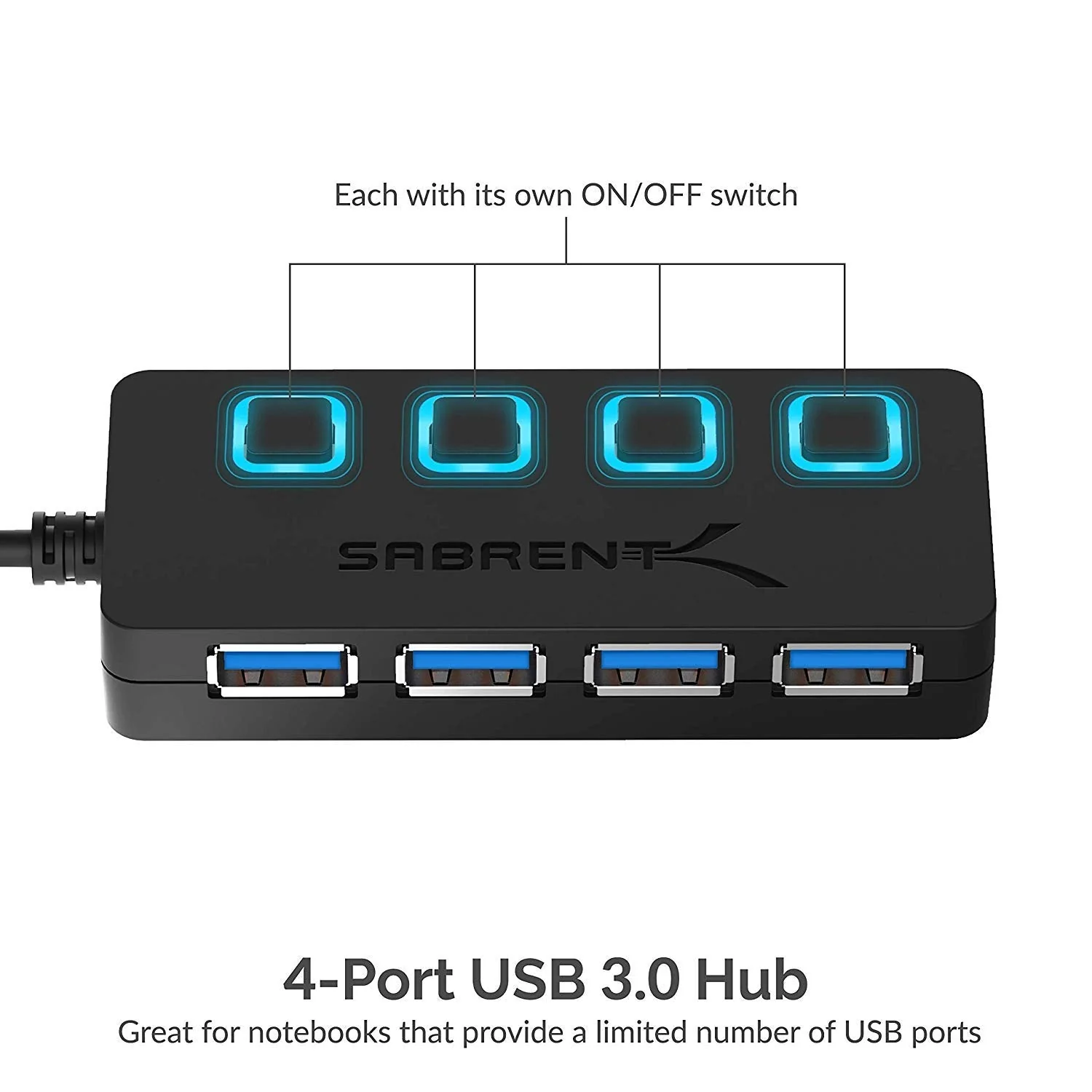 Sabrent 4-Port USB 3.0 Hub with Individual LED Lit Power Switches, Includes 5V/2.5A Power Adapter (HB-UMP3) - Image 2