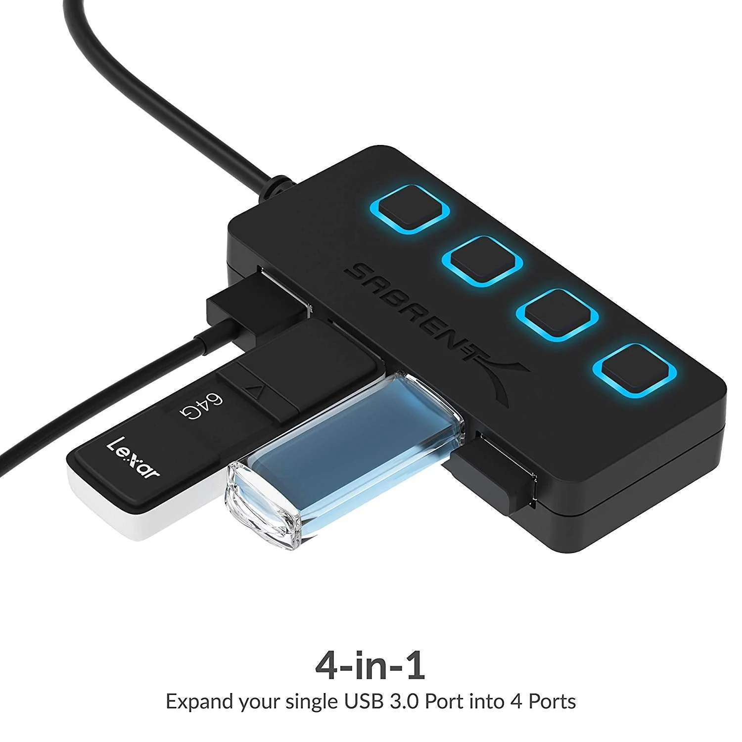 Sabrent 4-Port USB 3.0 Hub with Individual LED Lit Power Switches, Includes 5V/2.5A Power Adapter (HB-UMP3) - Image 3