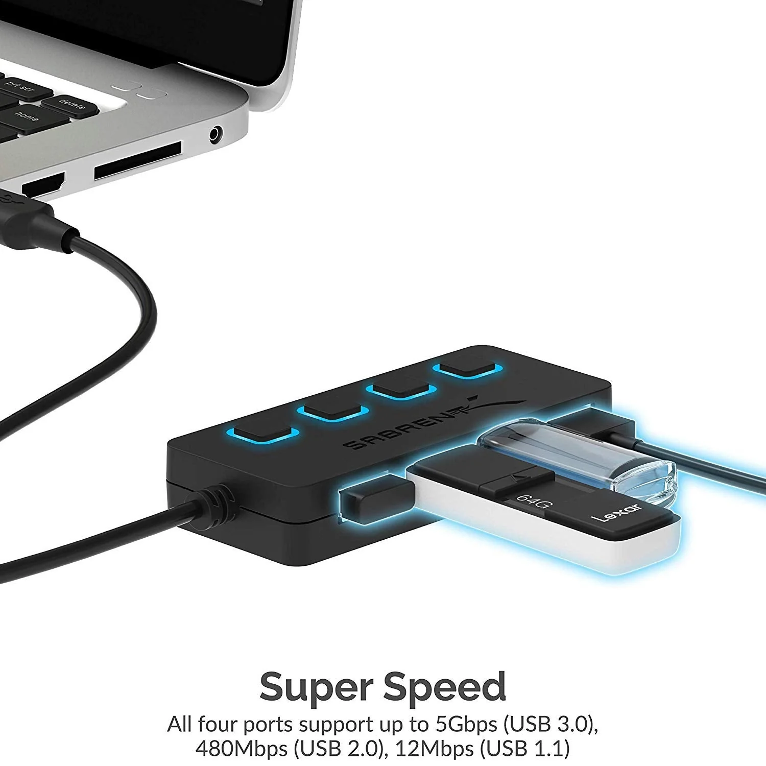 Sabrent 4-Port USB 3.0 Hub with Individual LED Lit Power Switches, Includes 5V/2.5A Power Adapter (HB-UMP3) - Image 4