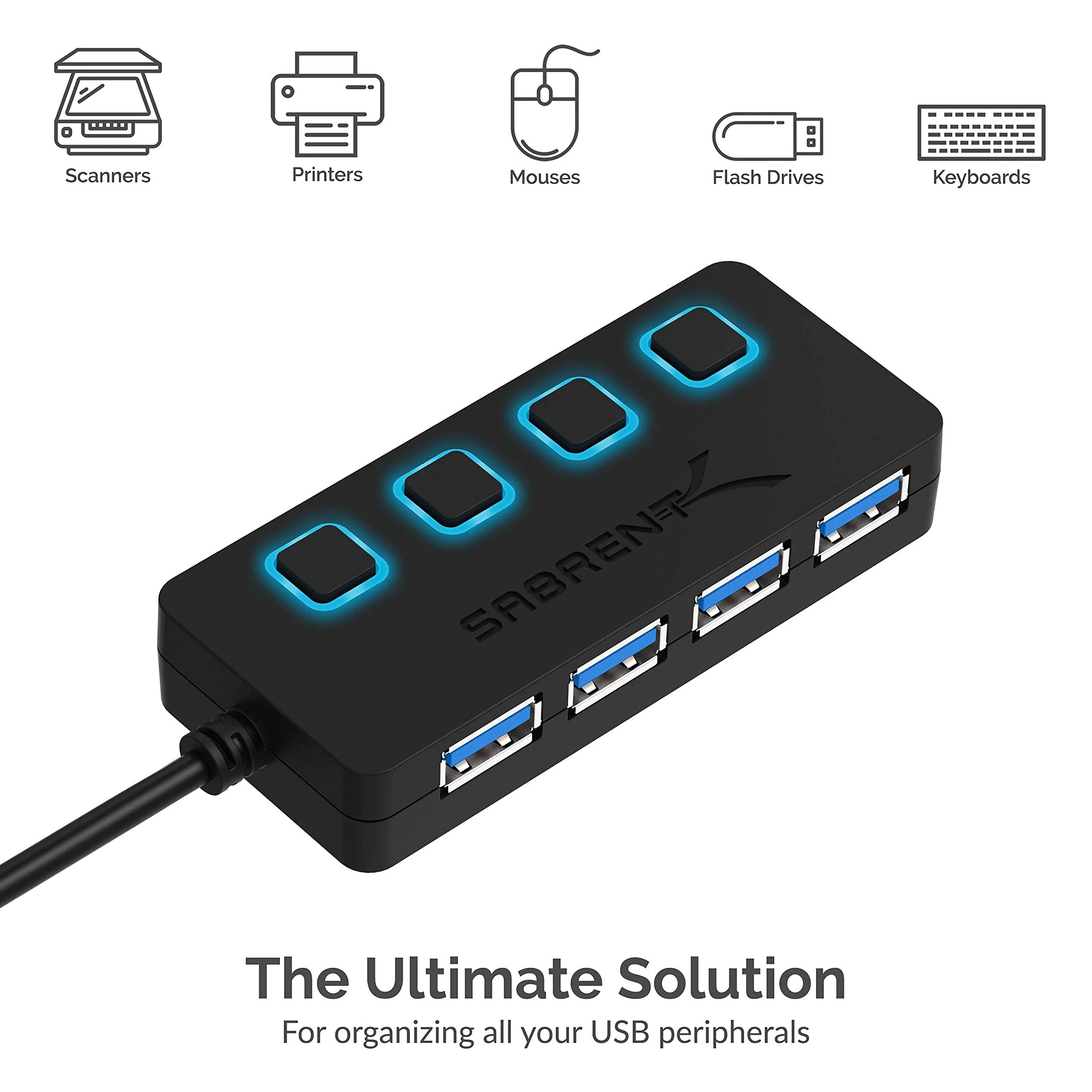 Sabrent 4-Port USB 3.0 Hub with Individual LED Power Switches | 2 Ft Cable | Slim & Portable | for Mac & PC (HB-UM43) - Image 4