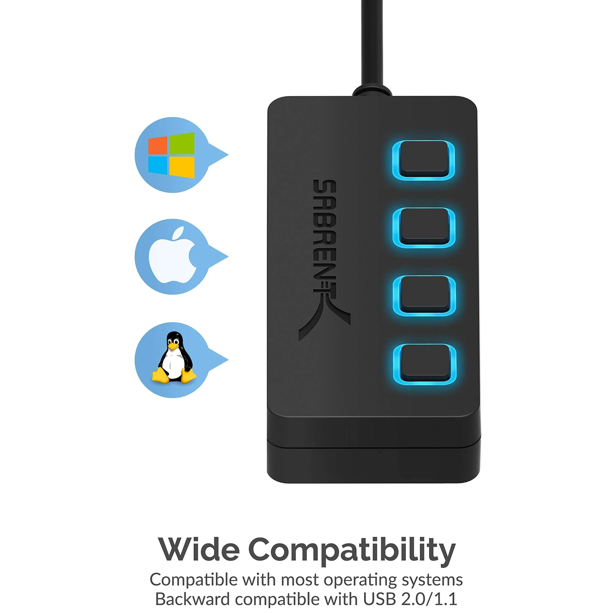 Sabrent 4-Port USB 3.0 Hub with Individual LED Power Switches | 2 Ft Cable | Slim & Portable | for Mac & PC (HB-UM43) - Image 5