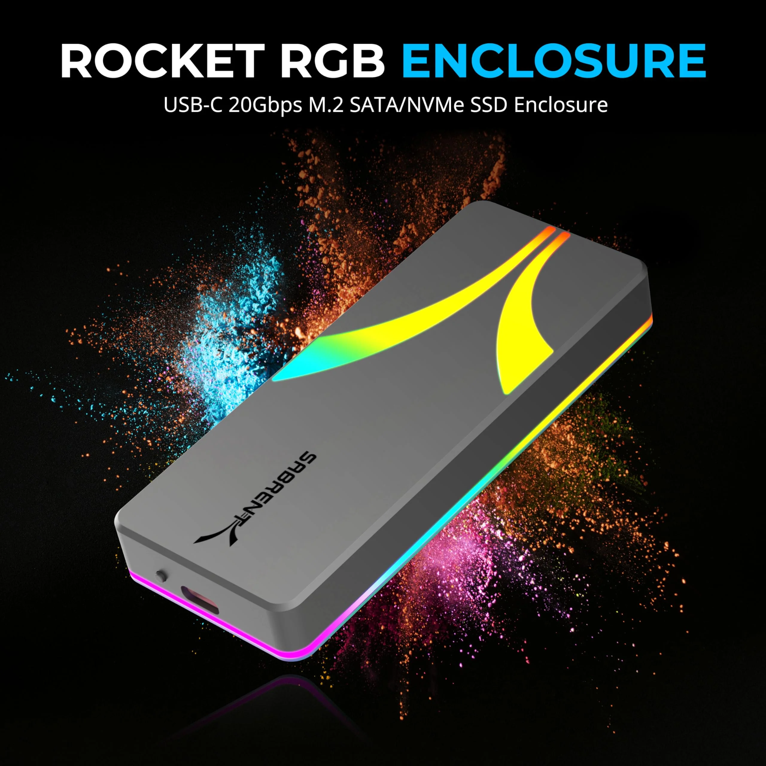 SABRENT Rocket RGB USB C 20Gbps M.2 SATA/NVMe SSD Enclosure (EC-RGBG) NVMe/SATA - RGB - Image 2