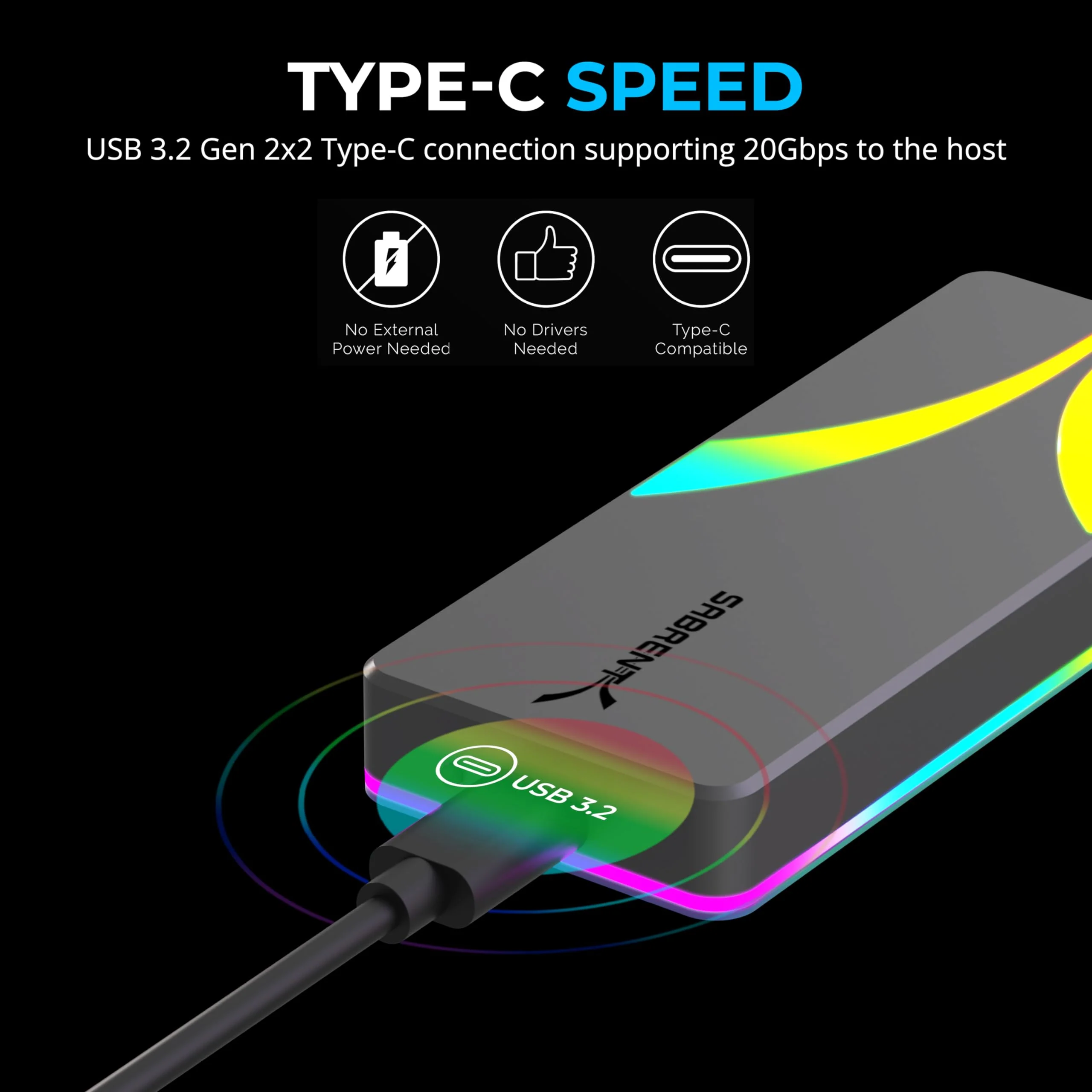 SABRENT Rocket RGB USB C 20Gbps M.2 SATA/NVMe SSD Enclosure (EC-RGBG) NVMe/SATA - RGB - Image 4