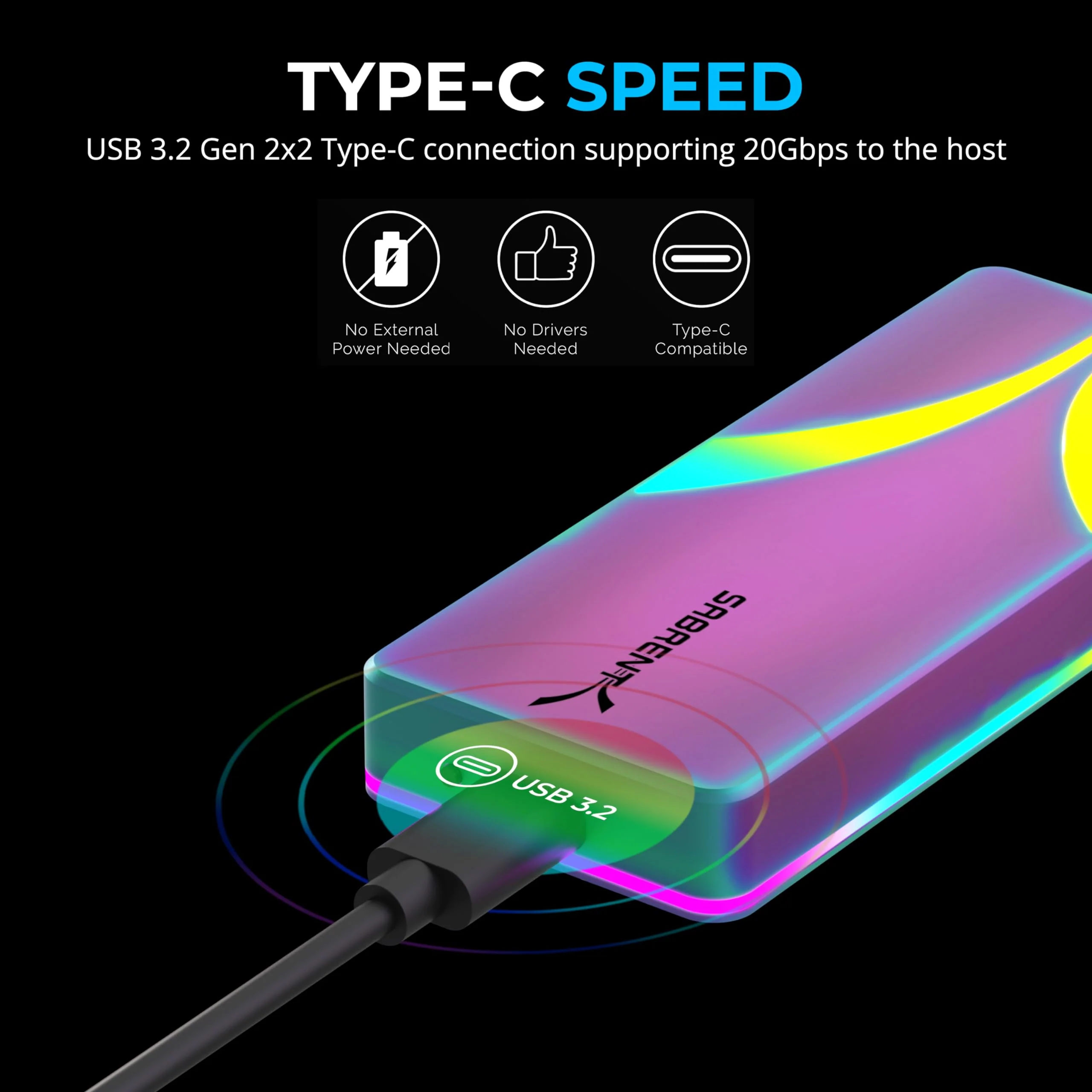 SABRENT Rocket RGB USB C 20Gbps M.2 SATA/NVMe SSD Enclosure - Special Edition (EC-RGBC) RGB - Special Edition - Image 4